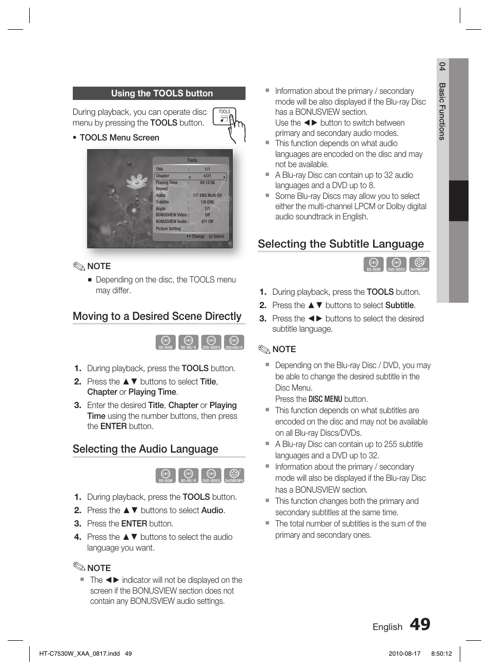 Using the tools button, Hzzy, Hzzx | Moving to a desired scene directly, Selecting the audio language, Selecting the subtitle language | Samsung HT-C7530W-XAA User Manual | Page 49 / 72
