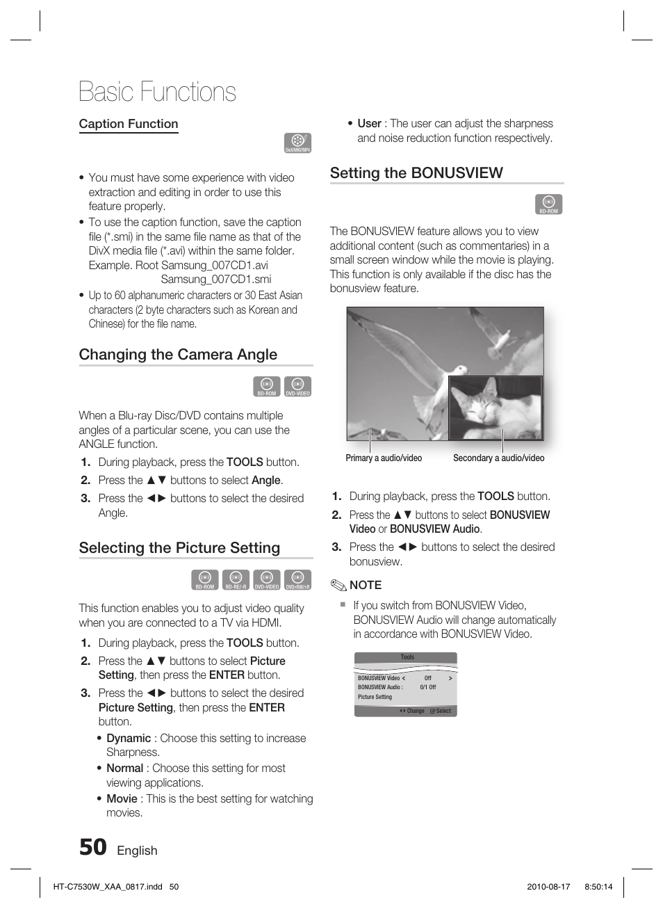 Basic functions, Hzzy, Changing the camera angle | Selecting the picture setting, Setting the bonusview | Samsung HT-C7530W-XAA User Manual | Page 50 / 72