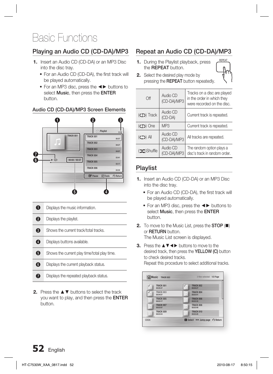 Basic functions, Playing an audio cd (cd-da)/mp3, Repeat an audio cd (cd-da)/mp3 | Playlist, English, Audio cd (cd-da)/mp3 screen elements | Samsung HT-C7530W-XAA User Manual | Page 52 / 72