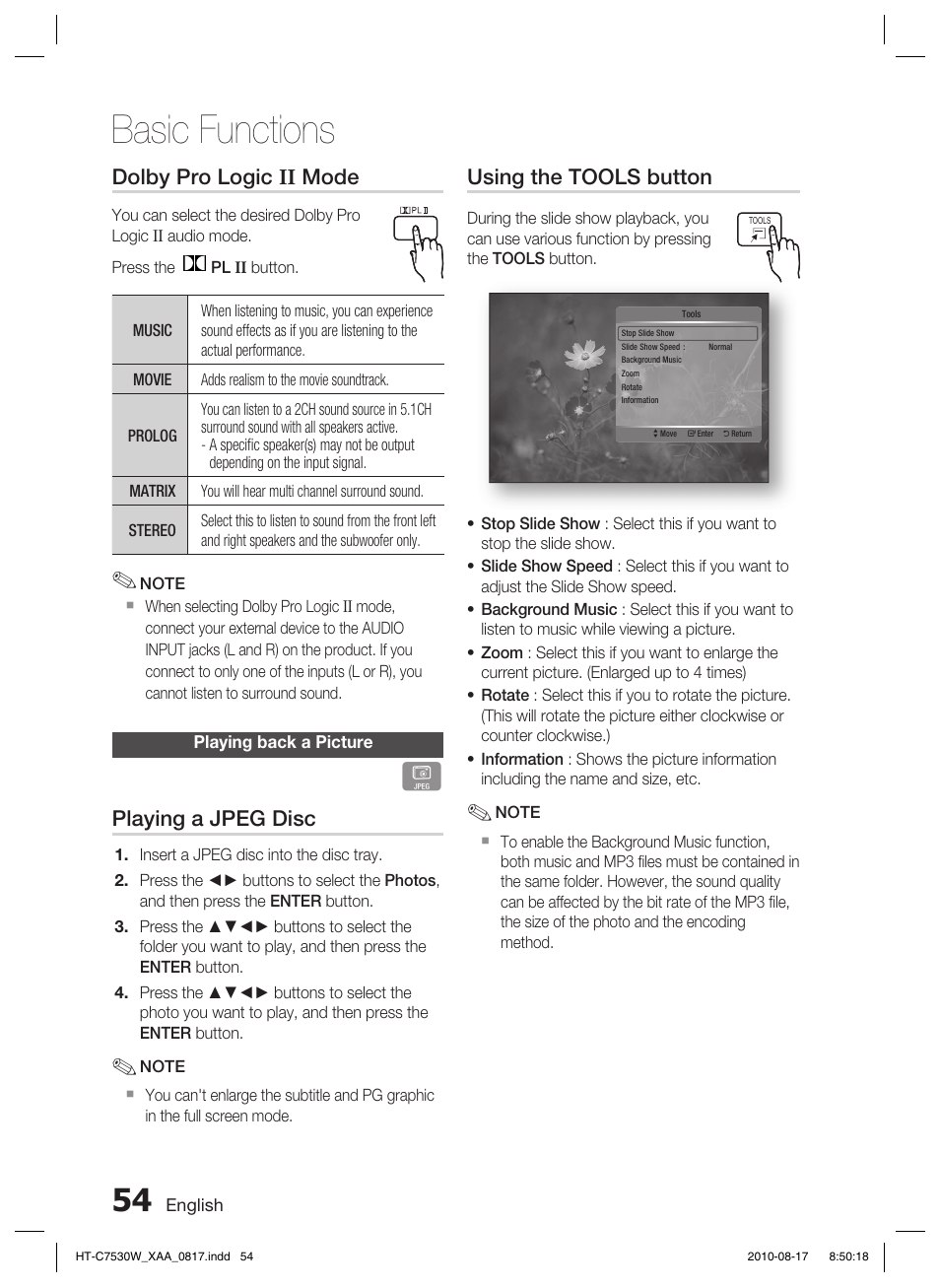 Playing back a picture, Basic functions, Using the tools button | Dolby pro logic ii mode, Playing a jpeg disc | Samsung HT-C7530W-XAA User Manual | Page 54 / 72