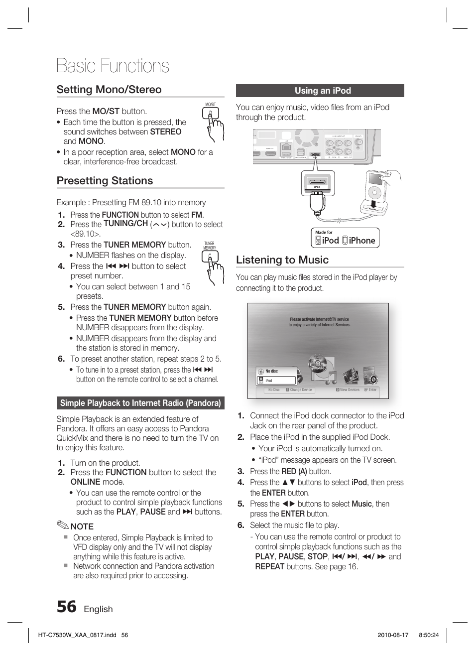 Simple playback to internet radio (pandora), Using an ipod, Basic functions | Listening to music, Setting mono/stereo, Presetting stations | Samsung HT-C7530W-XAA User Manual | Page 56 / 72
