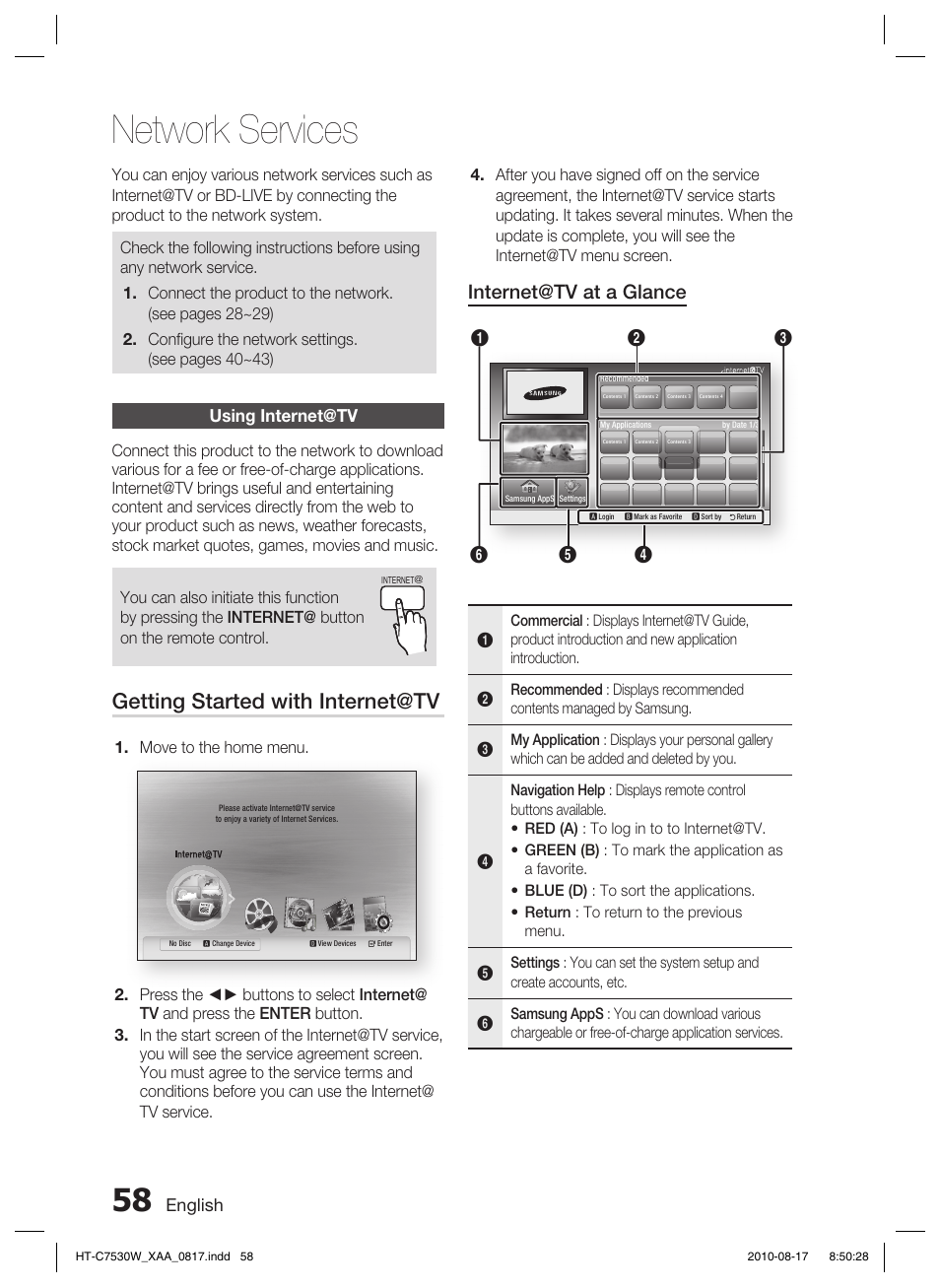 Network services, Using internet@tv, Getting started with internet@tv | Internet@tv at a glance, English | Samsung HT-C7530W-XAA User Manual | Page 58 / 72