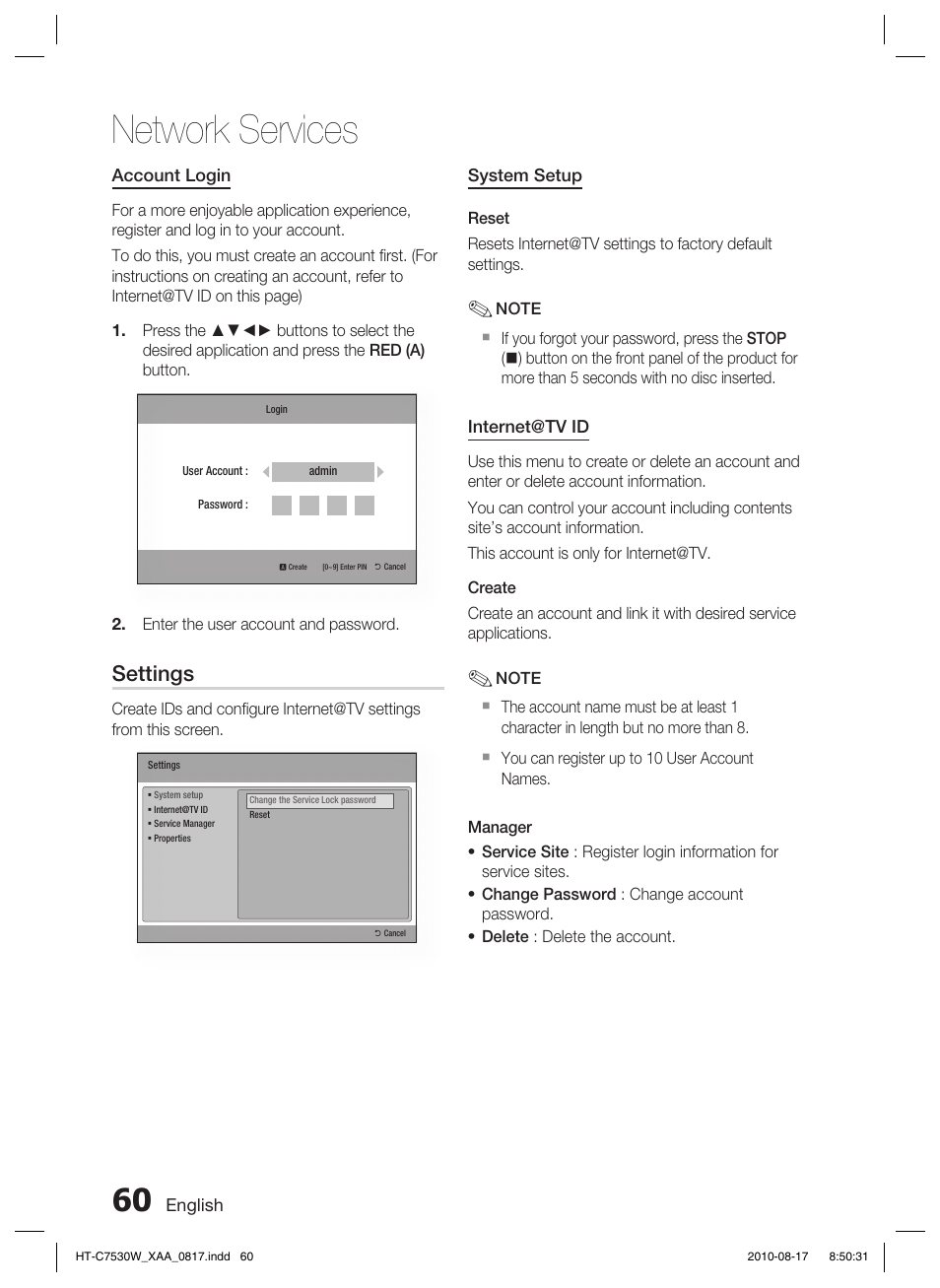 Network services, Settings | Samsung HT-C7530W-XAA User Manual | Page 60 / 72
