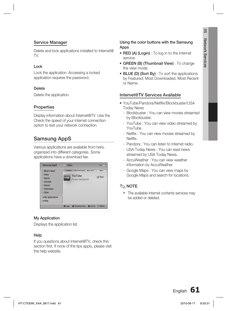 Samsung apps, English, Service manager | Properties, Internet@tv services available | Samsung HT-C7530W-XAA User Manual | Page 61 / 72