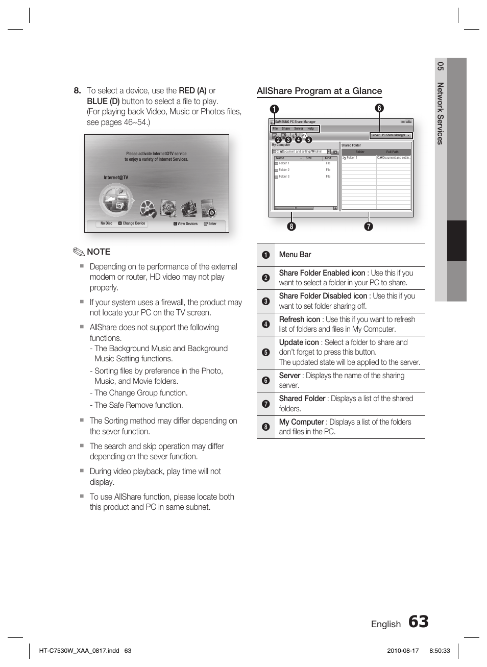 English, Allshare program at a glance | Samsung HT-C7530W-XAA User Manual | Page 63 / 72