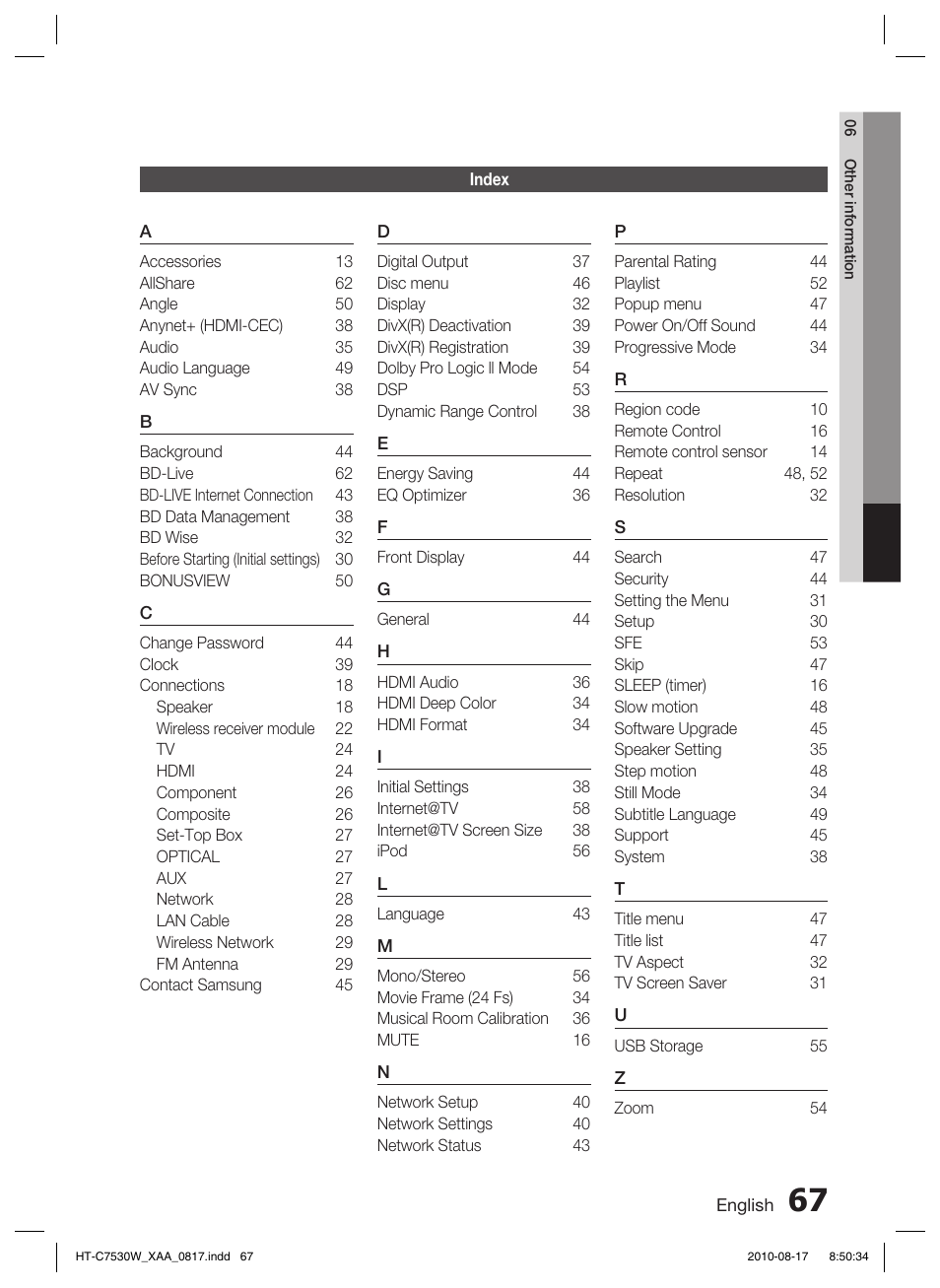 Index | Samsung HT-C7530W-XAA User Manual | Page 67 / 72