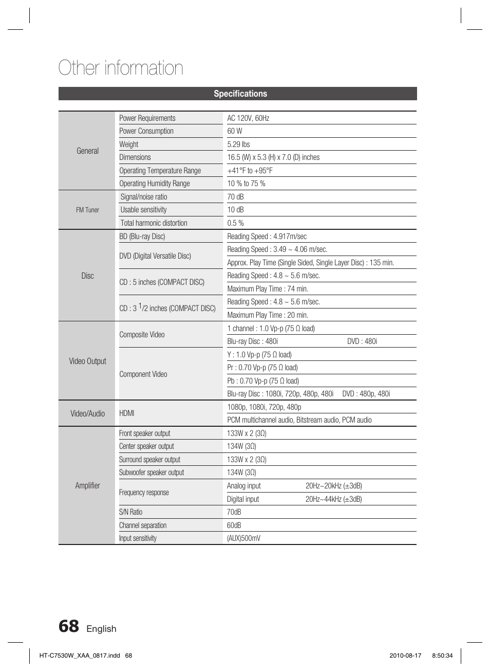 Specifications, Other information | Samsung HT-C7530W-XAA User Manual | Page 68 / 72