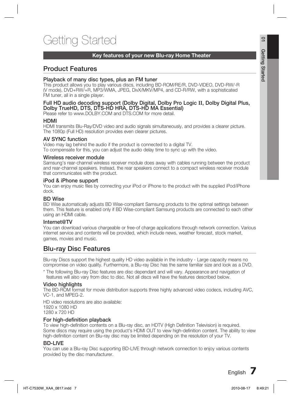 Getting started, Key features of your new blu-ray home theater, Product features | Blu-ray disc features | Samsung HT-C7530W-XAA User Manual | Page 7 / 72