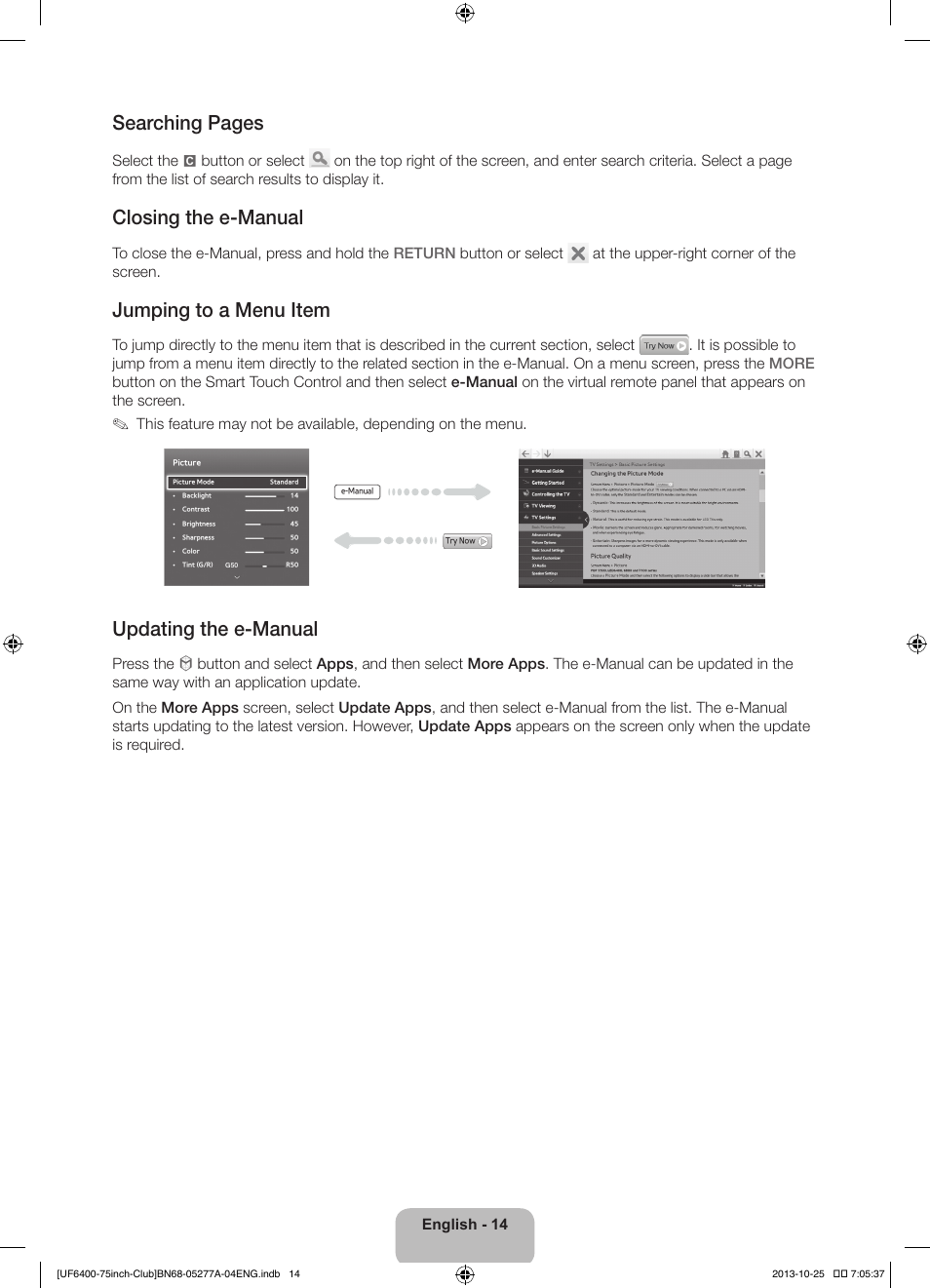 Searching pages, Closing the e-manual, Jumping to a menu item | Updating the e-manual | Samsung UN75F6400CFXZA User Manual | Page 14 / 34