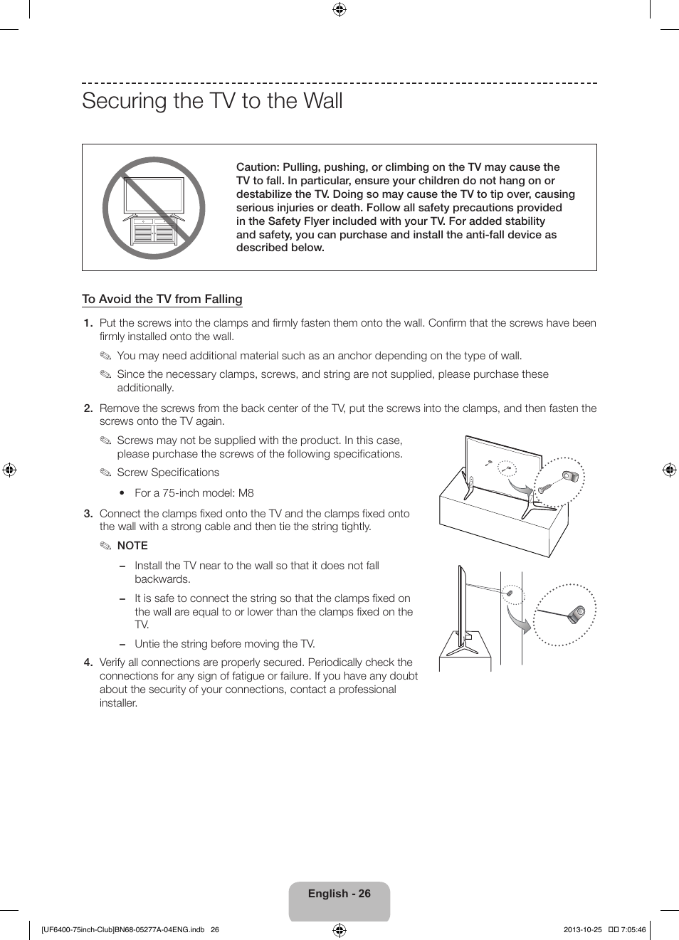 Securing the tv to the wall | Samsung UN75F6400CFXZA User Manual | Page 26 / 34