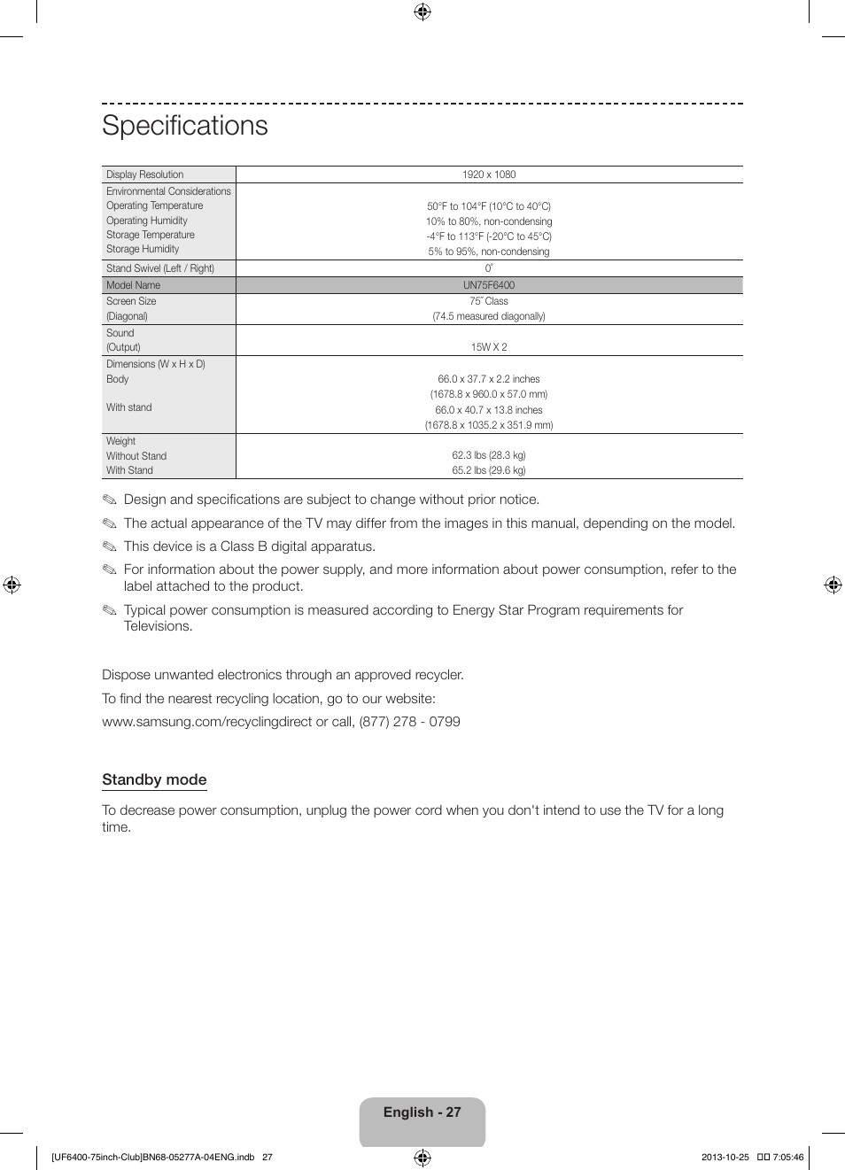 Specifications | Samsung UN75F6400CFXZA User Manual | Page 27 / 34