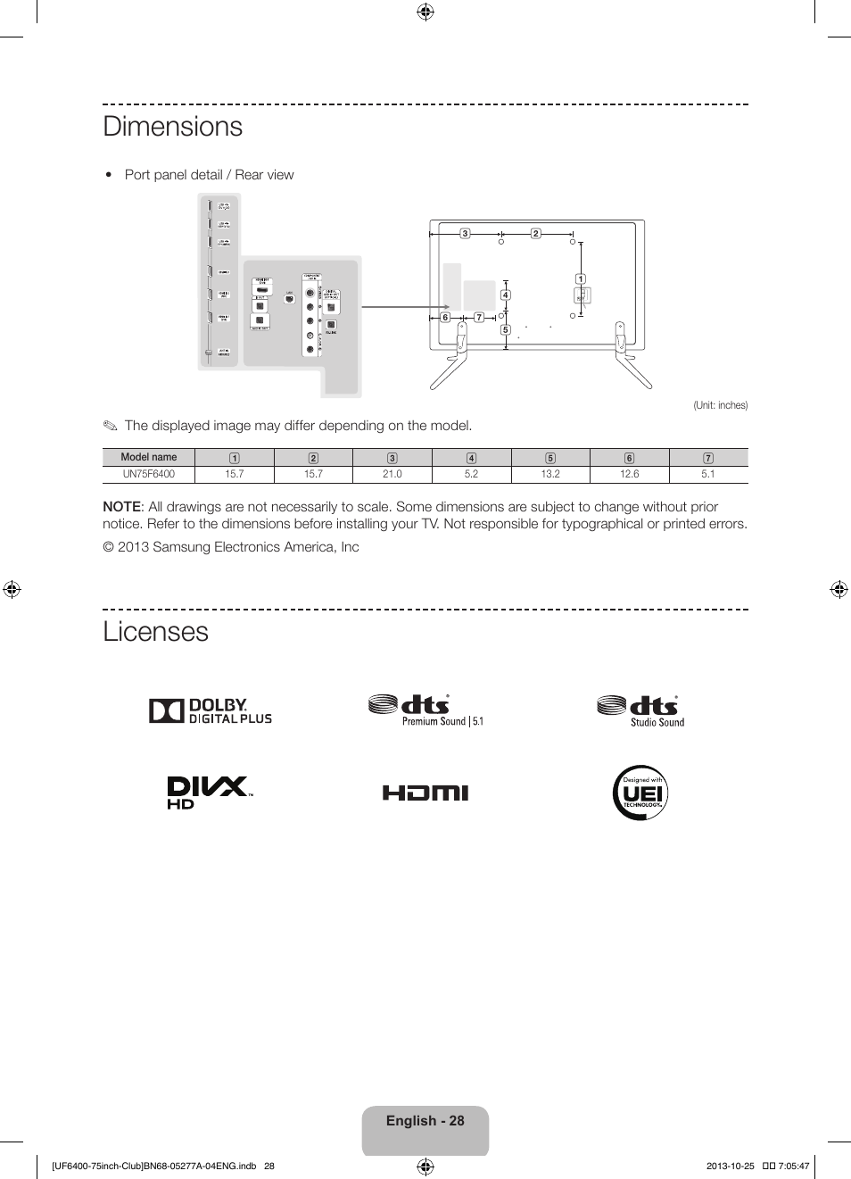 Dimensions, Licenses | Samsung UN75F6400CFXZA User Manual | Page 28 / 34