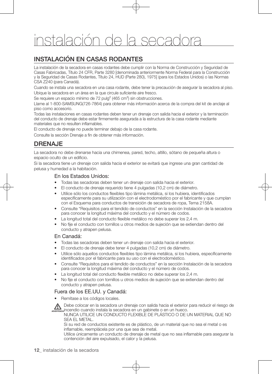 Instalación de la secadora, Instalación en casas rodantes, Drenaje | Samsung DV50F9A7GVP-A2 User Manual | Page 100 / 132