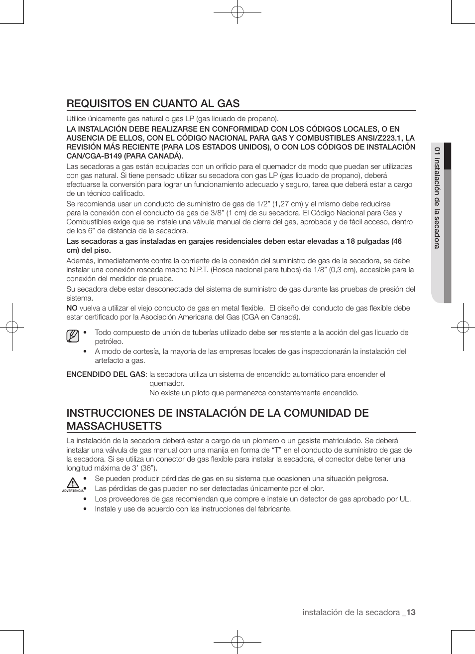 Requisitos en cuanto al gas | Samsung DV50F9A7GVP-A2 User Manual | Page 101 / 132
