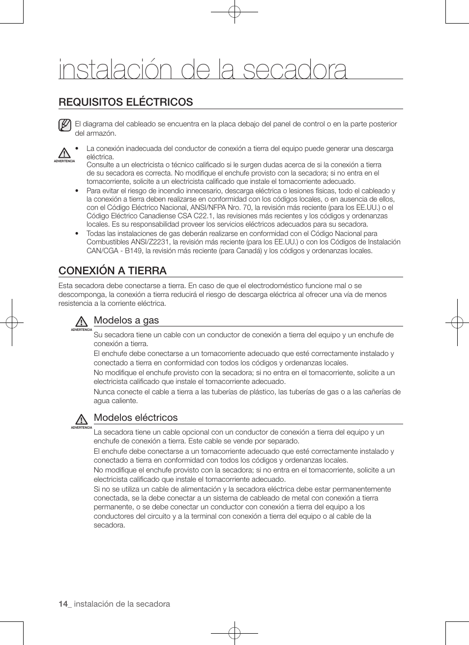 Instalación de la secadora, Requisitos eléctricos, Conexión a tierra | Modelos a gas, Modelos eléctricos | Samsung DV50F9A7GVP-A2 User Manual | Page 102 / 132