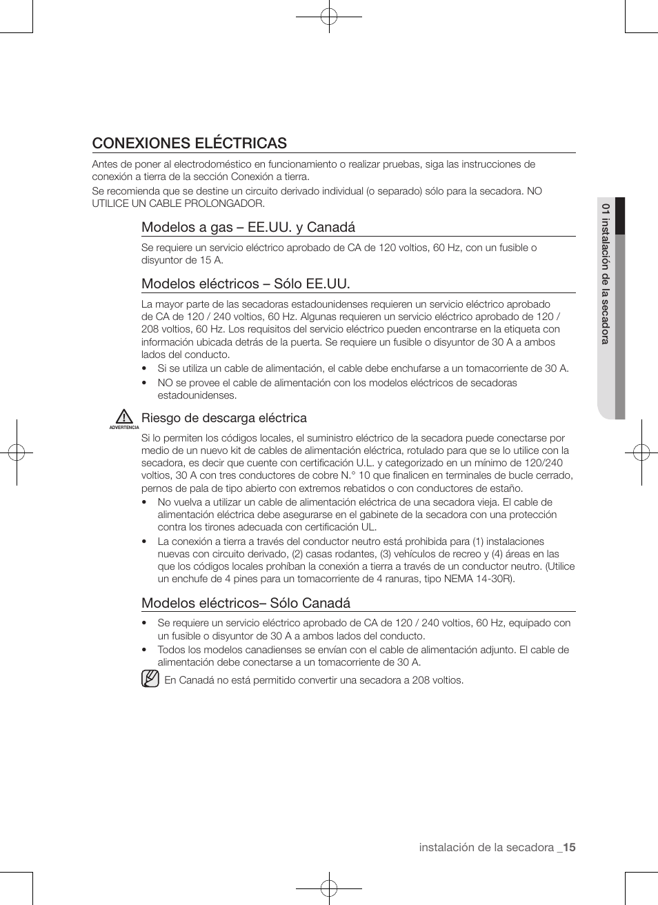 Conexiones eléctricas, Modelos a gas – ee.uu. y canadá, Modelos eléctricos – sólo ee.uu | Modelos eléctricos– sólo canadá | Samsung DV50F9A7GVP-A2 User Manual | Page 103 / 132