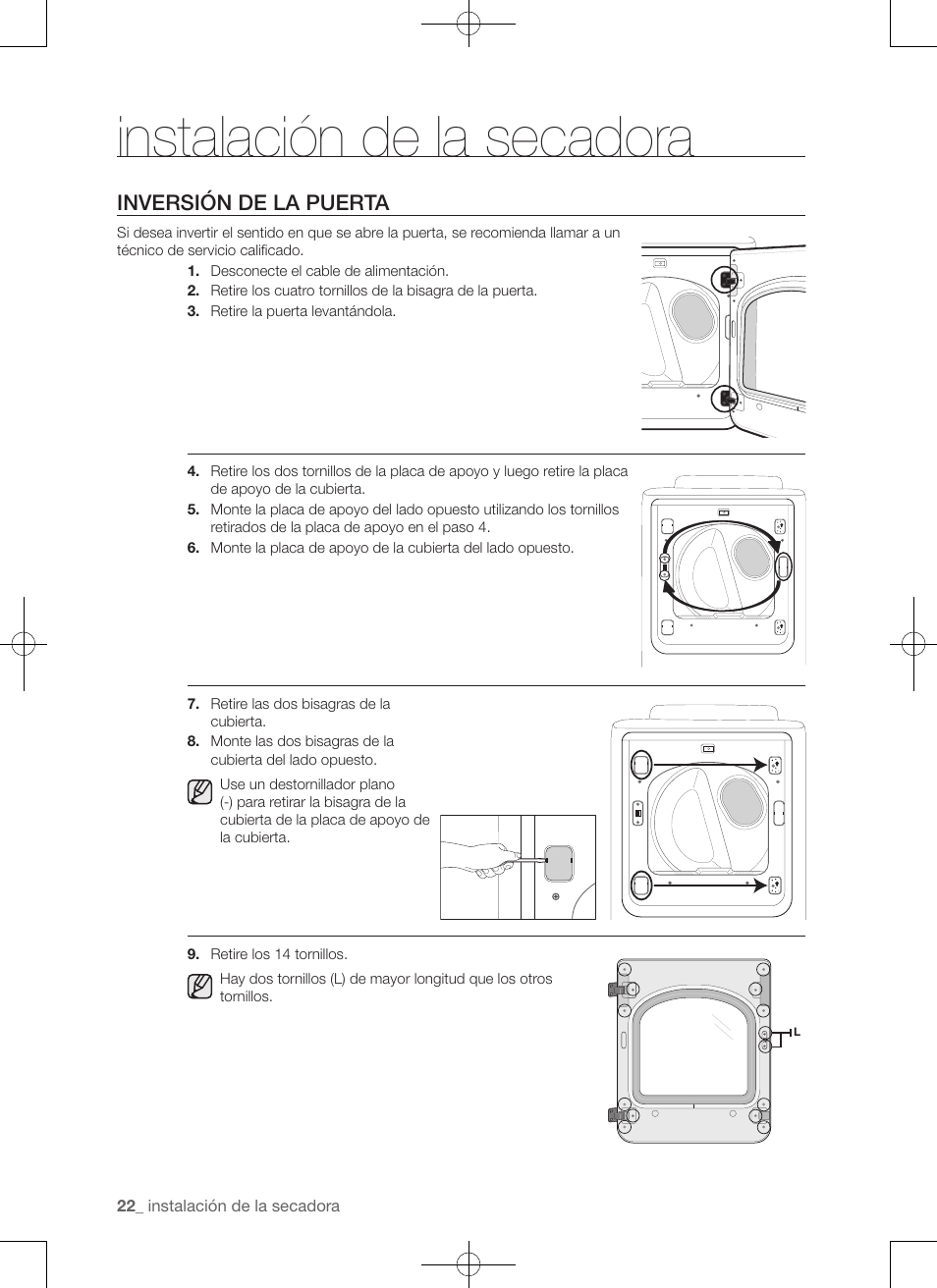 Instalación de la secadora, Inversión de la puerta | Samsung DV50F9A7GVP-A2 User Manual | Page 110 / 132