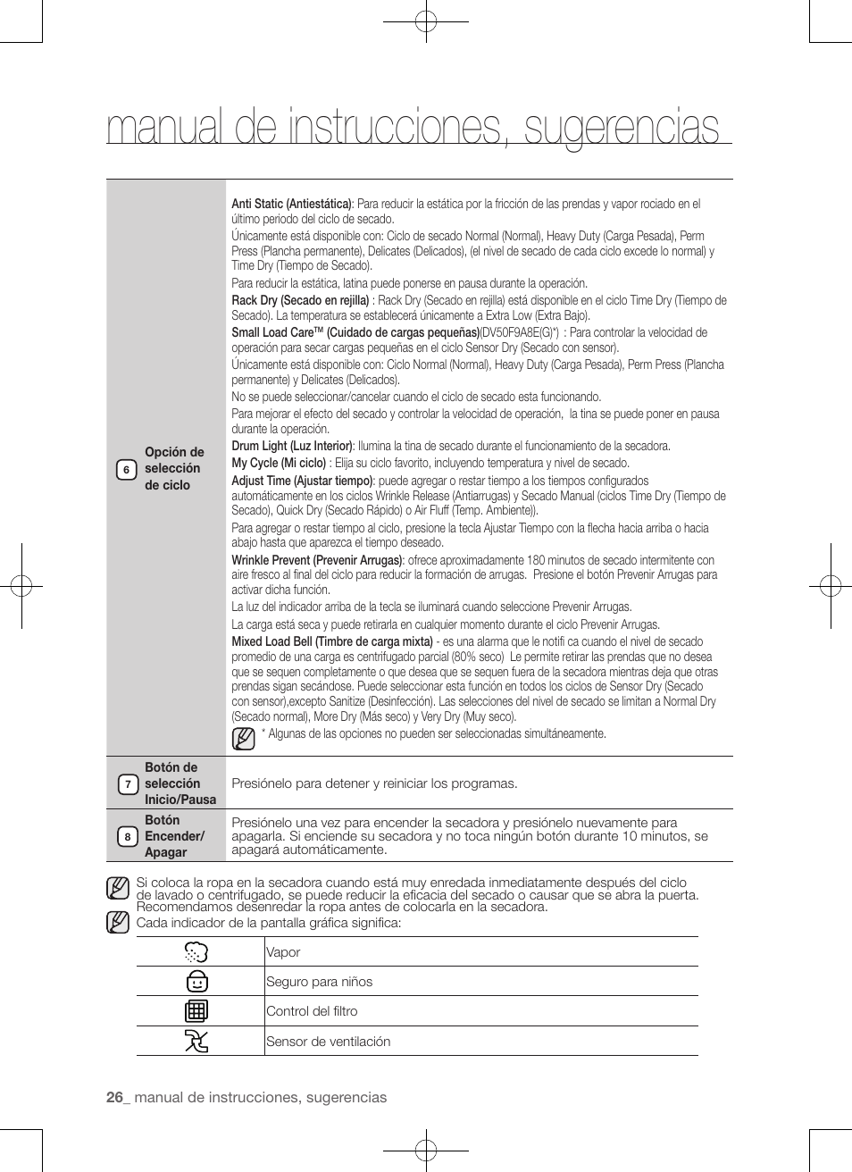 Manual de instrucciones, sugerencias | Samsung DV50F9A7GVP-A2 User Manual | Page 114 / 132
