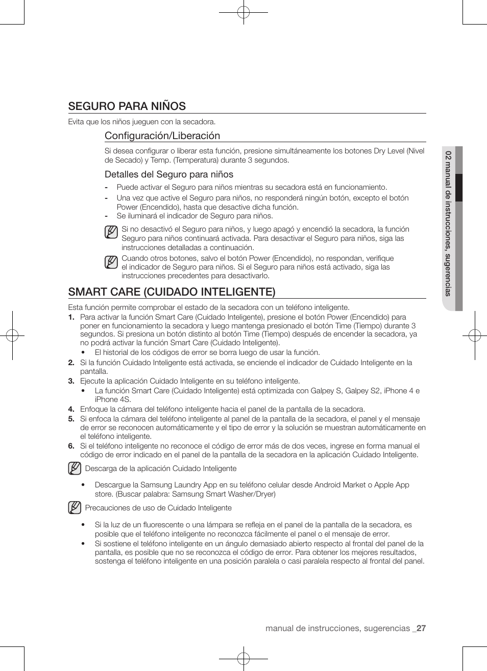 Seguro para niños, Smart care (cuidado inteligente), Configuración/liberación | Samsung DV50F9A7GVP-A2 User Manual | Page 115 / 132