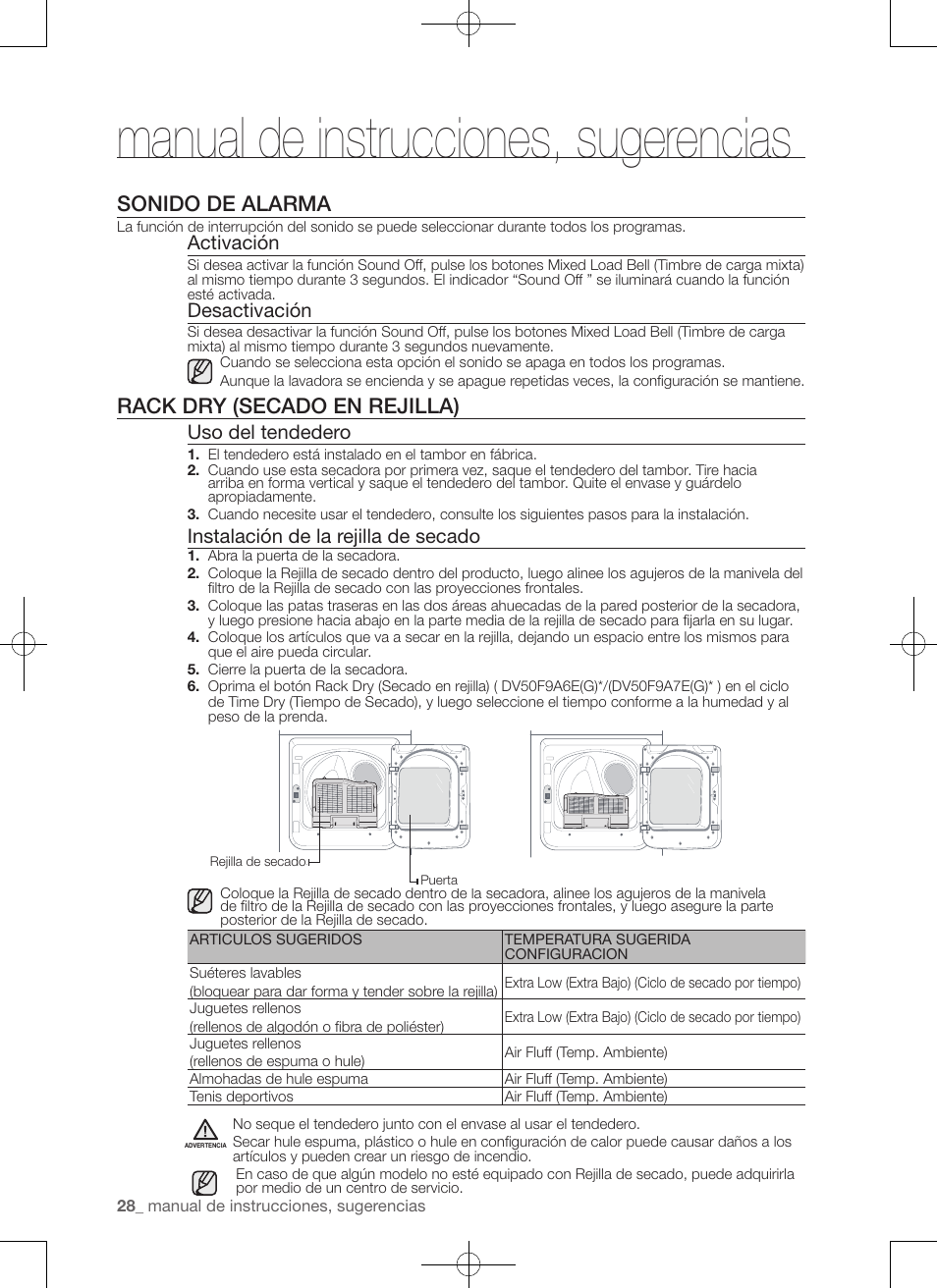 Manual de instrucciones, sugerencias, Sonido de alarma, Rack dry (secado en rejilla) | Activación, Desactivación, Uso del tendedero, Instalación de la rejilla de secado | Samsung DV50F9A7GVP-A2 User Manual | Page 116 / 132
