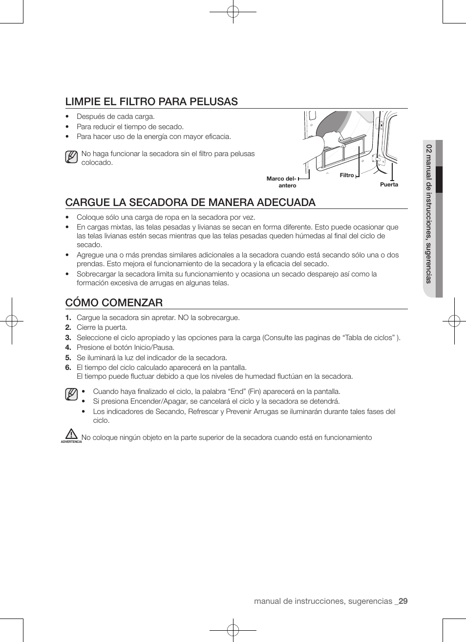 Limpie el filtro para pelusas, Cargue la secadora de manera adecuada, Cómo comenzar | Samsung DV50F9A7GVP-A2 User Manual | Page 117 / 132