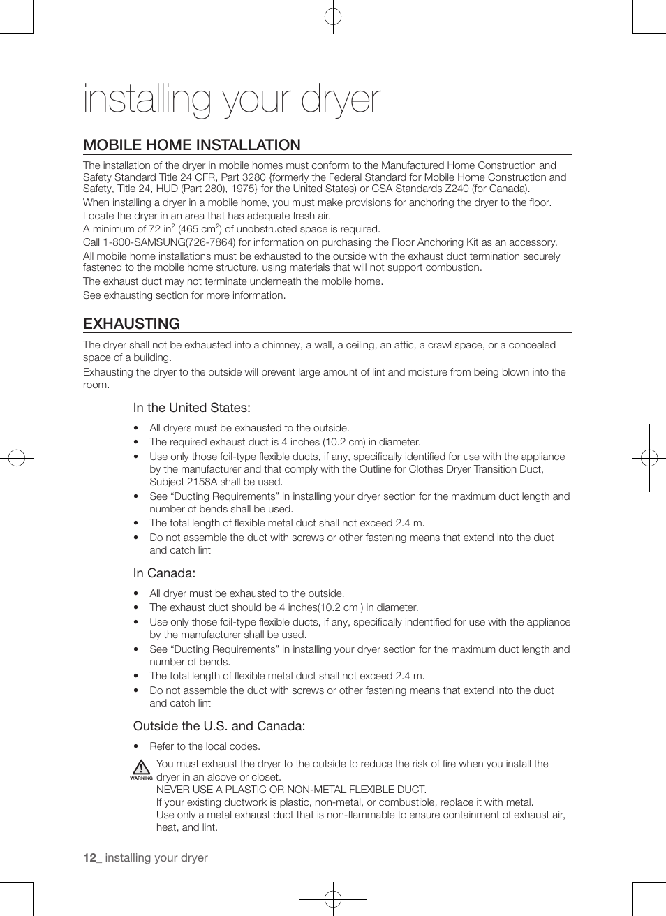 Installing your dryer, Mobile home installation, Exhausting | Samsung DV50F9A7GVP-A2 User Manual | Page 12 / 132