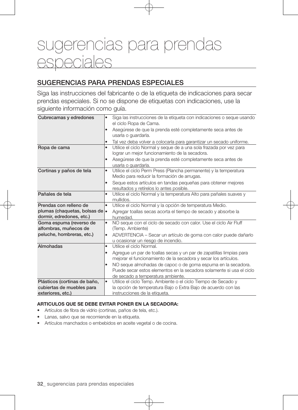 Sugerencias para prendas especiales | Samsung DV50F9A7GVP-A2 User Manual | Page 120 / 132