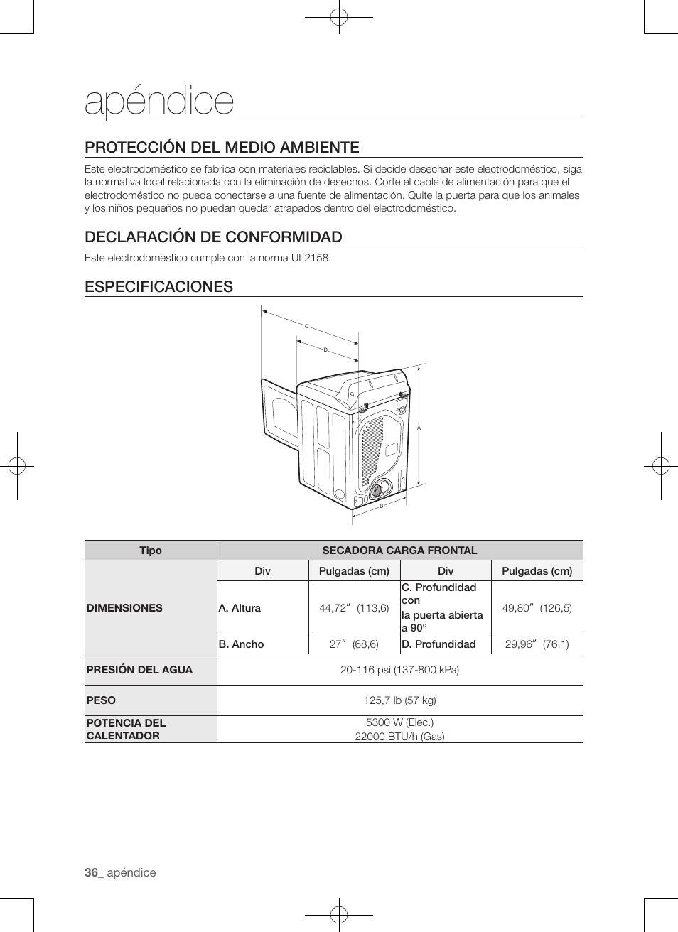 Apéndice, Protección del medio ambiente, Declaración de conformidad | Especificaciones | Samsung DV50F9A7GVP-A2 User Manual | Page 124 / 132