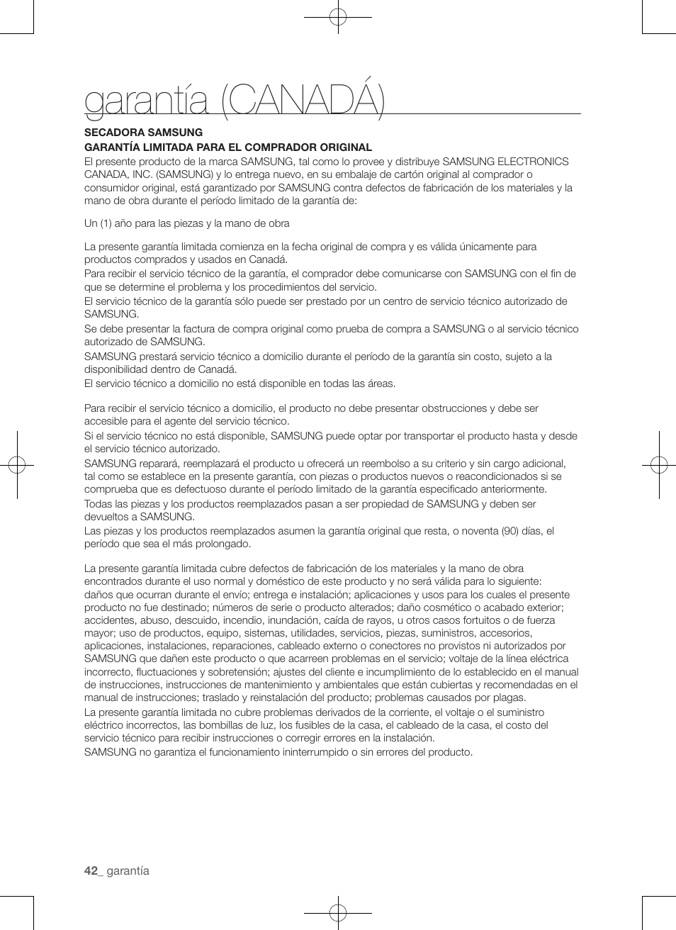 Garantía (canadá) | Samsung DV50F9A7GVP-A2 User Manual | Page 130 / 132
