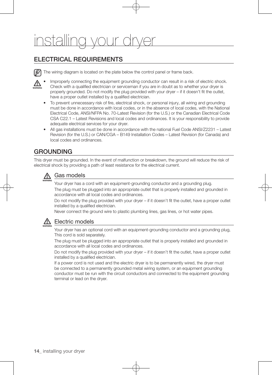 Installing your dryer, Electrical requirements, Grounding | Gas models, Electric models | Samsung DV50F9A7GVP-A2 User Manual | Page 14 / 132