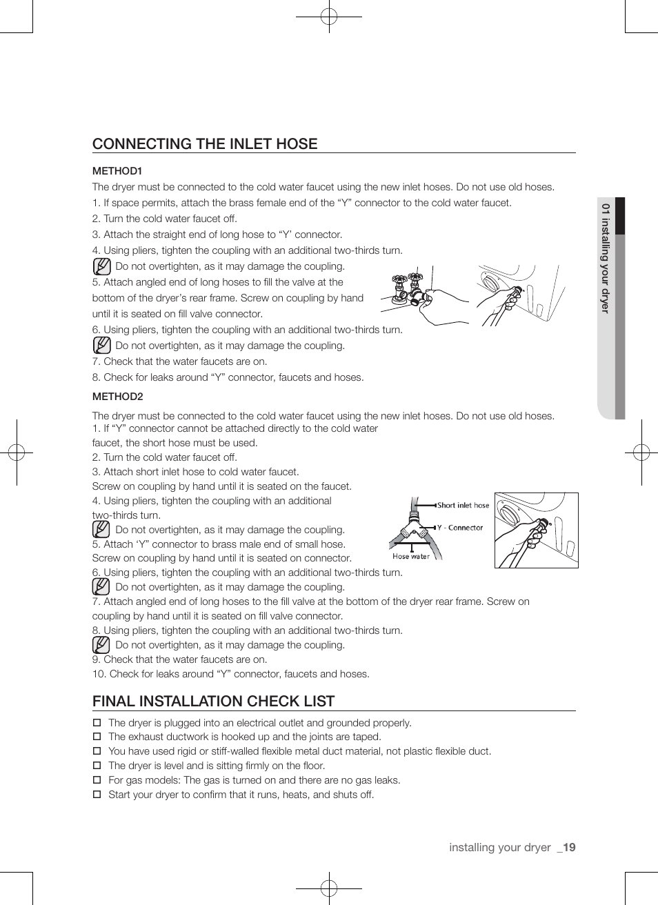 Connecting the inlet hose, Final installation check list | Samsung DV50F9A7GVP-A2 User Manual | Page 19 / 132