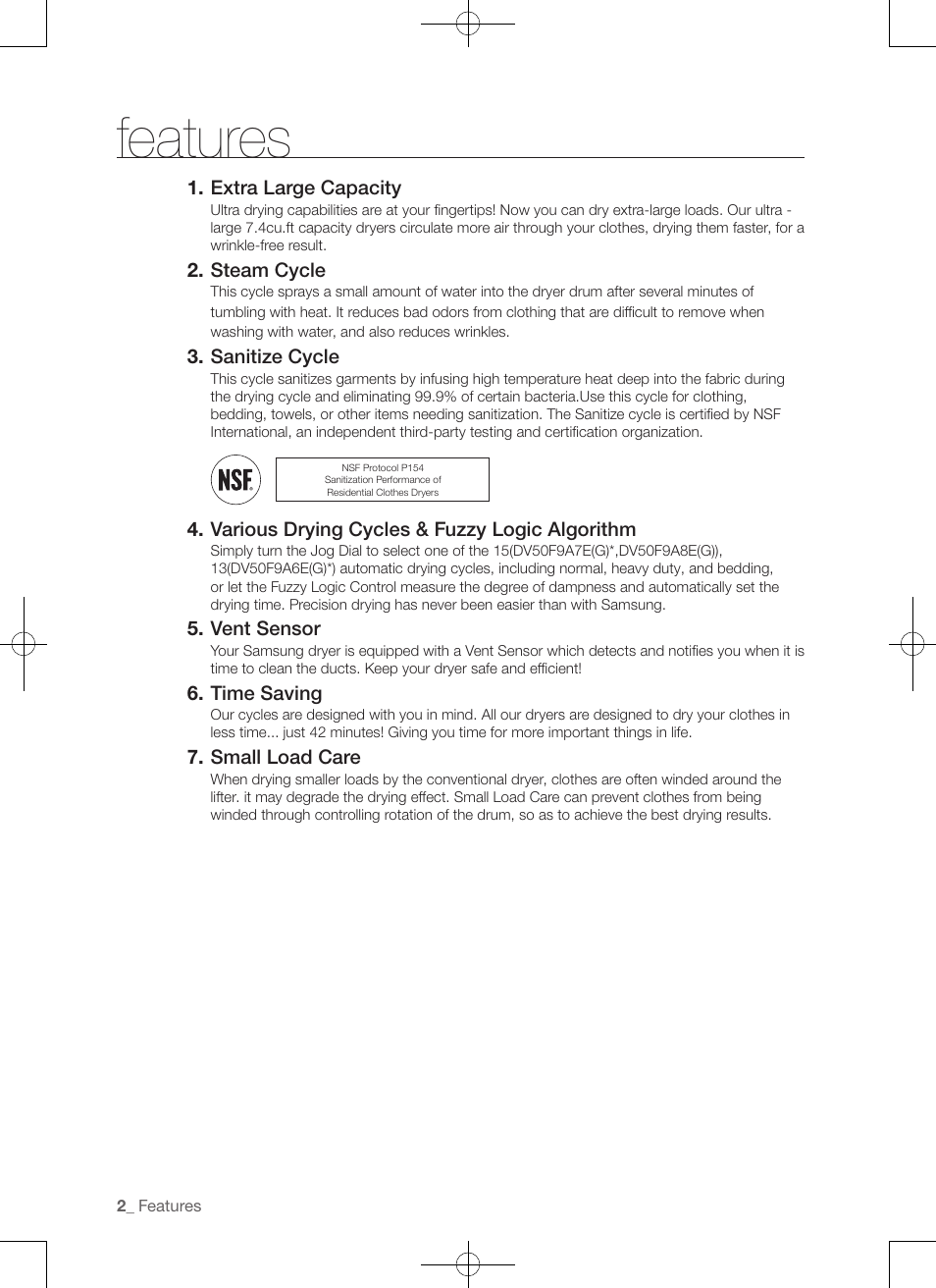 Features, Extra large capacity, Steam cycle | Sanitize cycle, Various drying cycles & fuzzy logic algorithm, Vent sensor, Time saving, Small load care | Samsung DV50F9A7GVP-A2 User Manual | Page 2 / 132