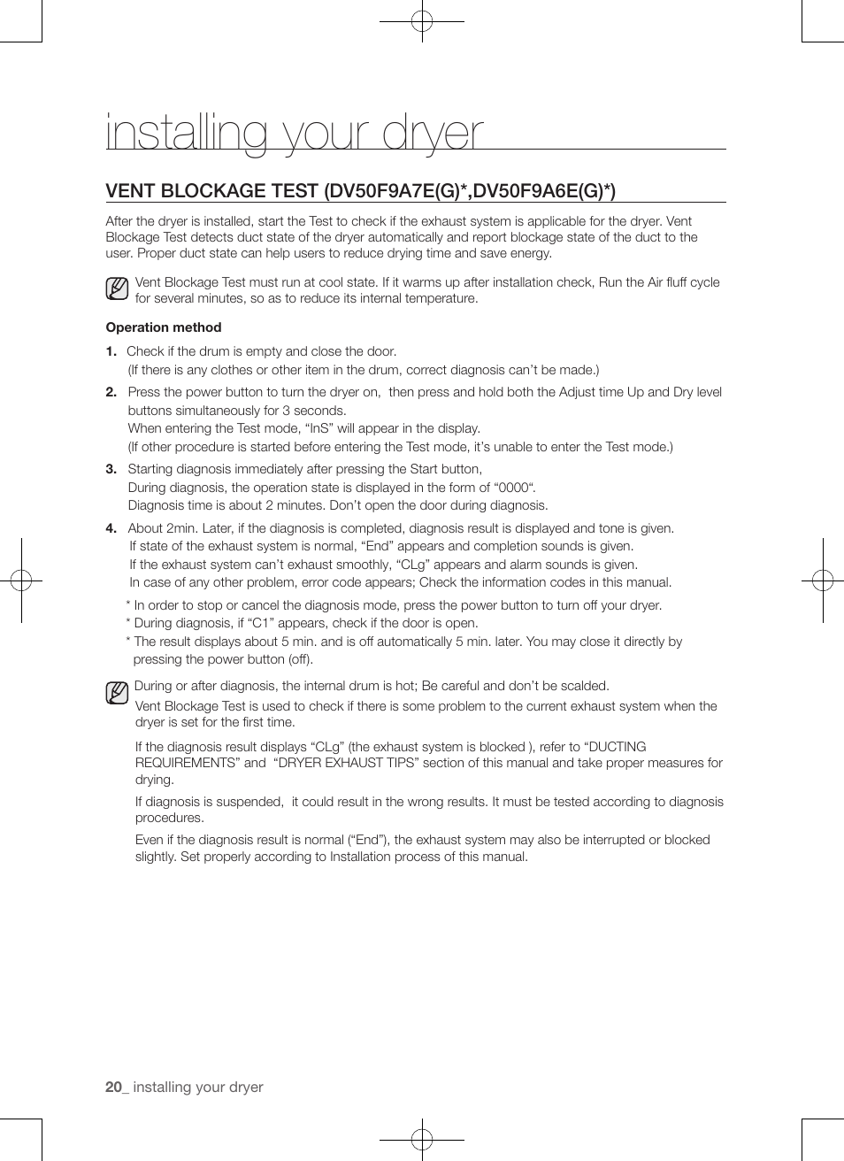 Installing your dryer | Samsung DV50F9A7GVP-A2 User Manual | Page 20 / 132