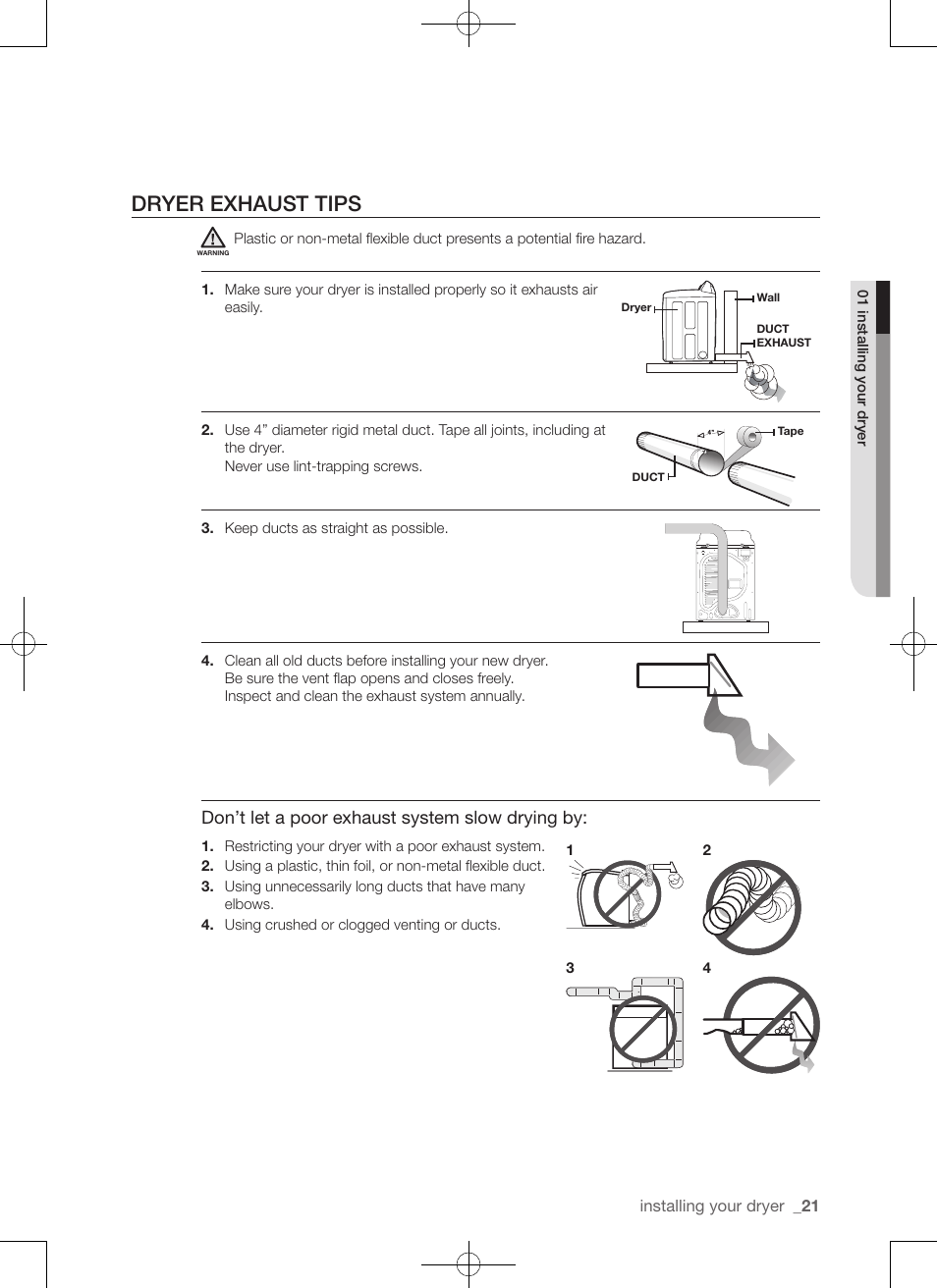 Dryer exhaust tips, Don’t let a poor exhaust system slow drying by | Samsung DV50F9A7GVP-A2 User Manual | Page 21 / 132