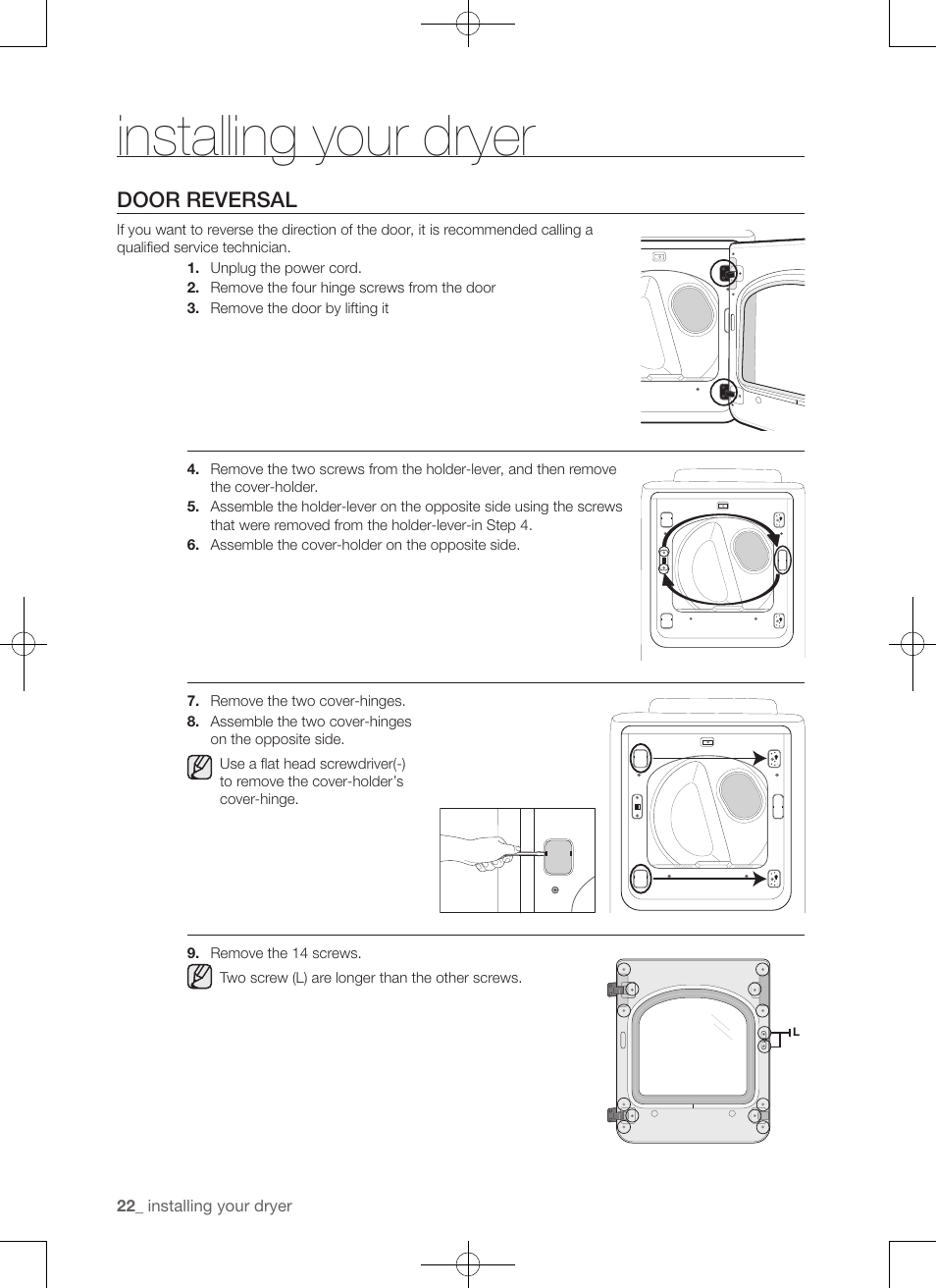 Installing your dryer, Door reversal | Samsung DV50F9A7GVP-A2 User Manual | Page 22 / 132