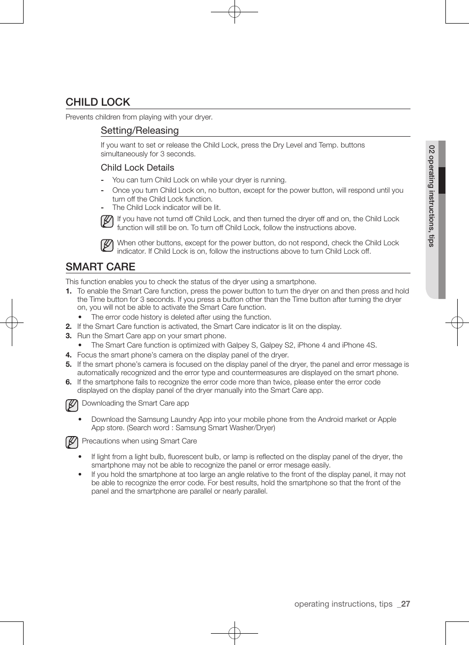 Child lock, Smart care, Setting/releasing | Samsung DV50F9A7GVP-A2 User Manual | Page 27 / 132