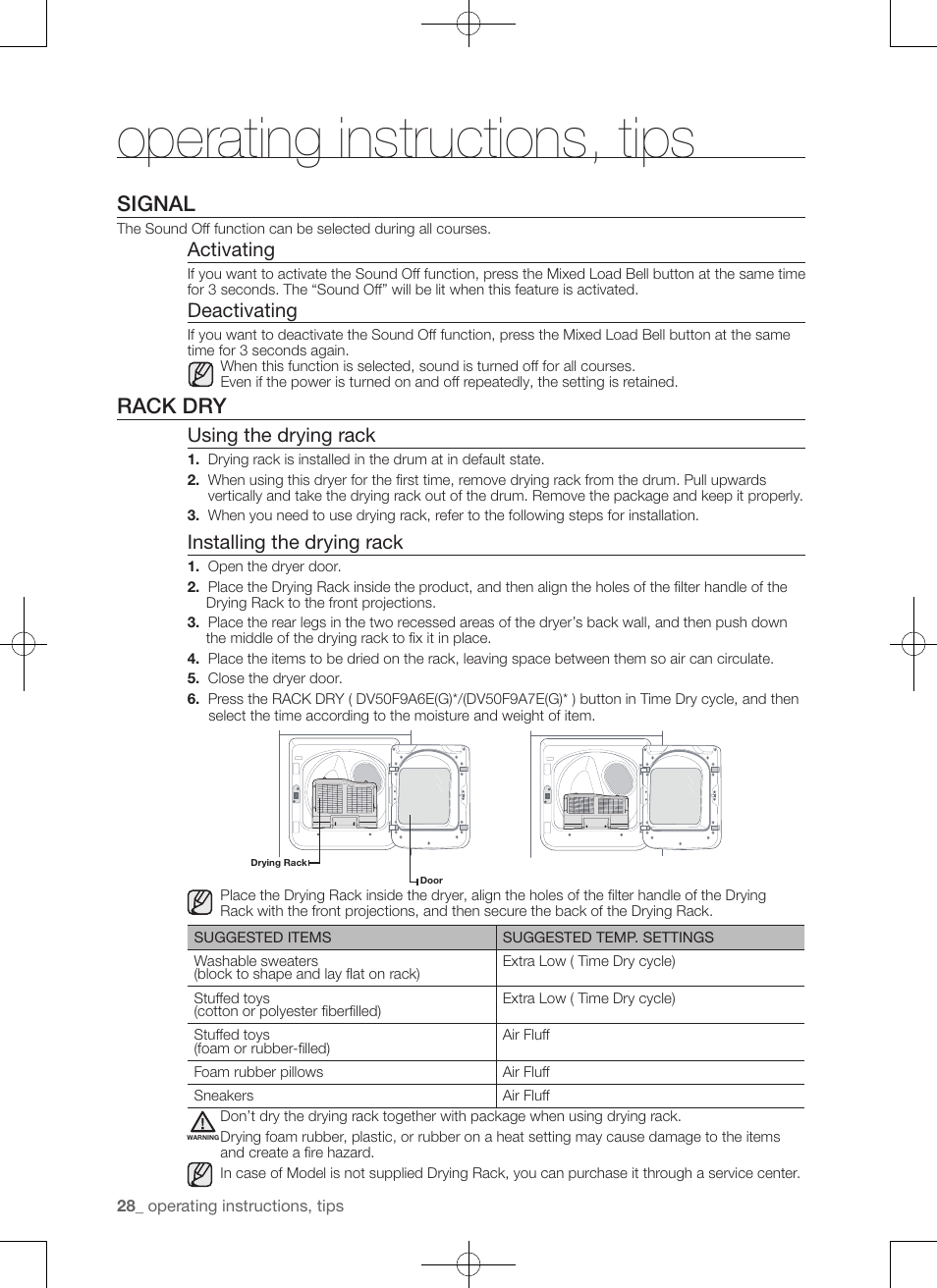 Operating instructions, tips, Signal, Rack dry | Activating, Deactivating, Using the drying rack, Installing the drying rack | Samsung DV50F9A7GVP-A2 User Manual | Page 28 / 132