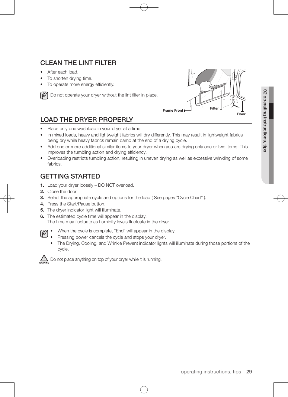 Clean the lint filter, Load the dryer properly, Getting started | Samsung DV50F9A7GVP-A2 User Manual | Page 29 / 132