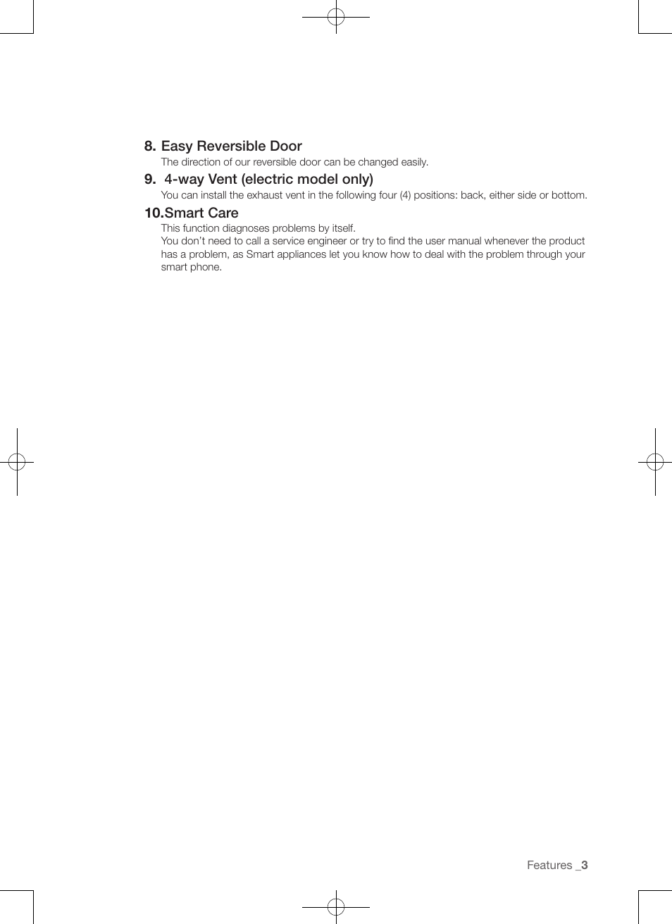 Easy reversible door, 4-way vent (electric model only), Smart care | Samsung DV50F9A7GVP-A2 User Manual | Page 3 / 132