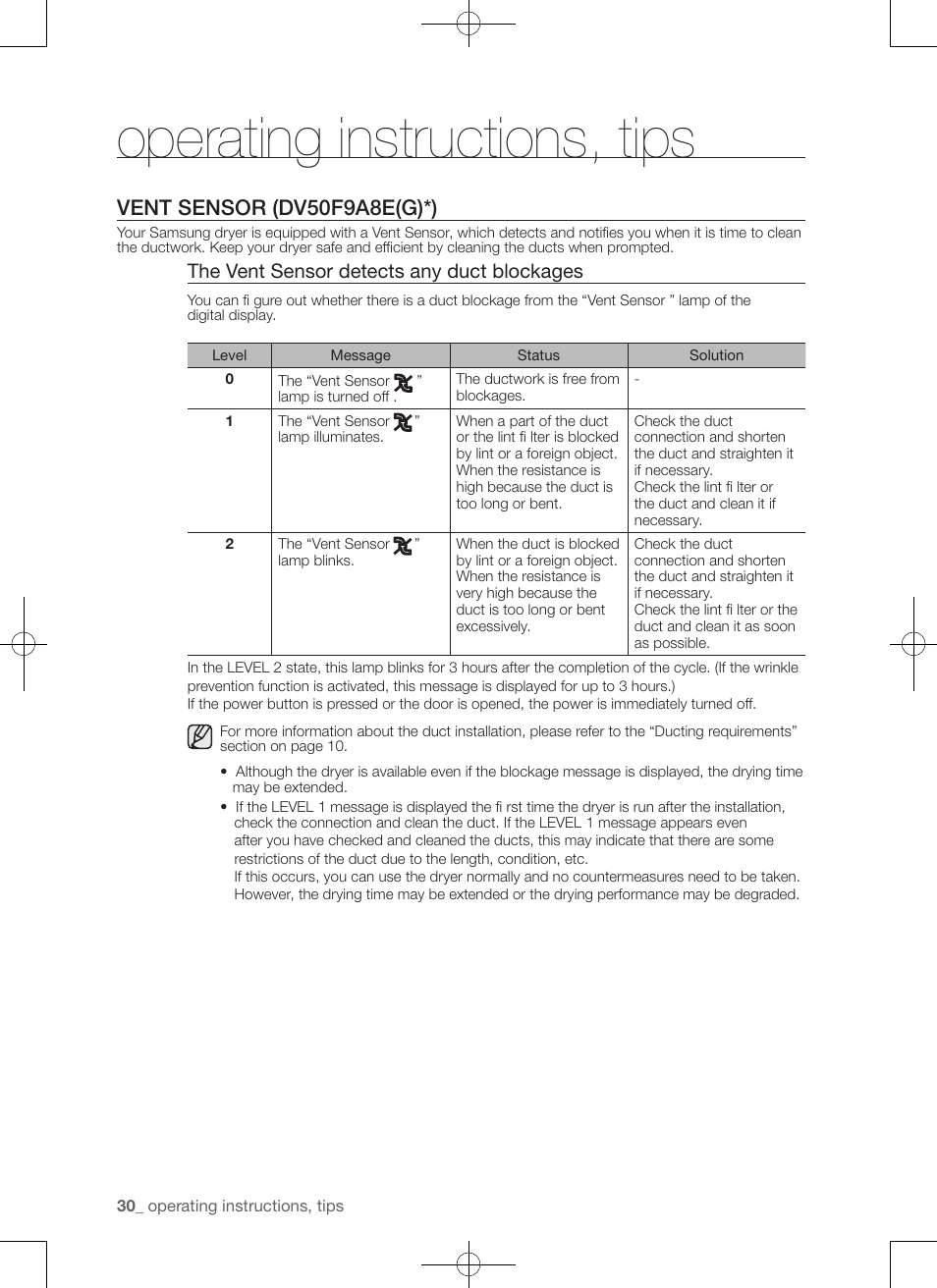 Operating instructions, tips, Vent sensor (dv50f9a8e(g)*), The vent sensor detects any duct blockages | Samsung DV50F9A7GVP-A2 User Manual | Page 30 / 132
