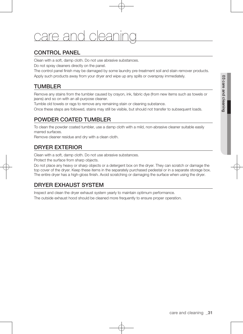 Care and cleaning | Samsung DV50F9A7GVP-A2 User Manual | Page 31 / 132