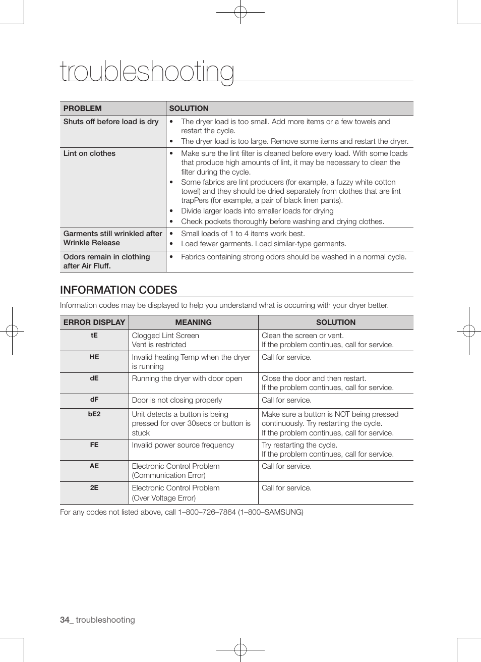 Troubleshooting, Information codes | Samsung DV50F9A7GVP-A2 User Manual | Page 34 / 132