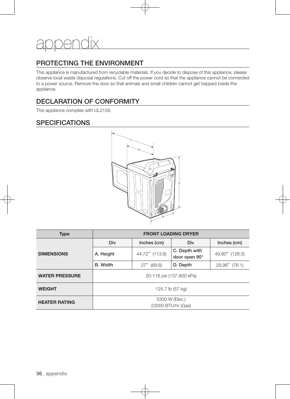 Appendix, Protecting the environment, Declaration of conformity | Specifications | Samsung DV50F9A7GVP-A2 User Manual | Page 36 / 132