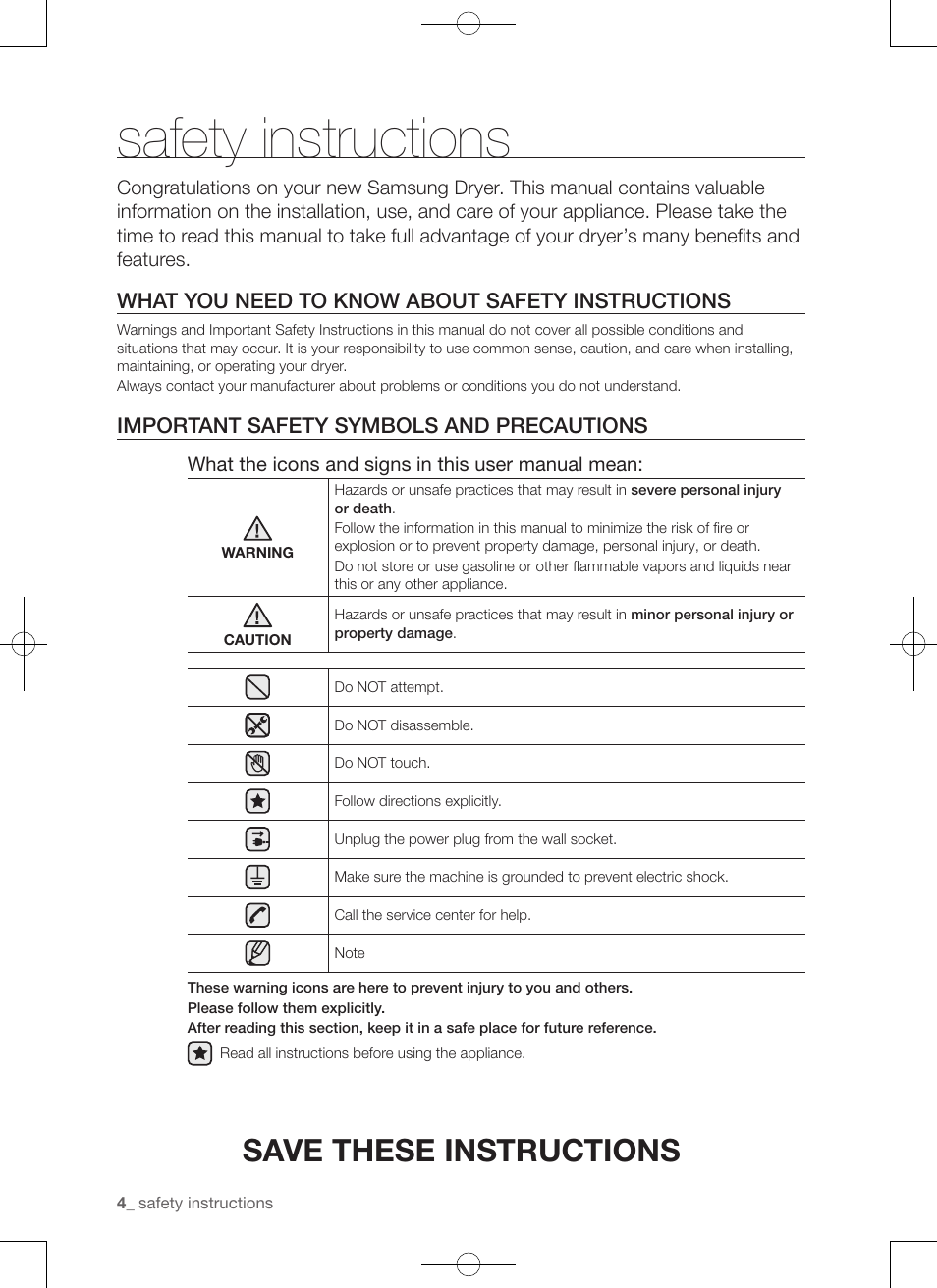 Safety instructions, Save these instructions, What you need to know about safety instructions | Important safety symbols and precautions | Samsung DV50F9A7GVP-A2 User Manual | Page 4 / 132