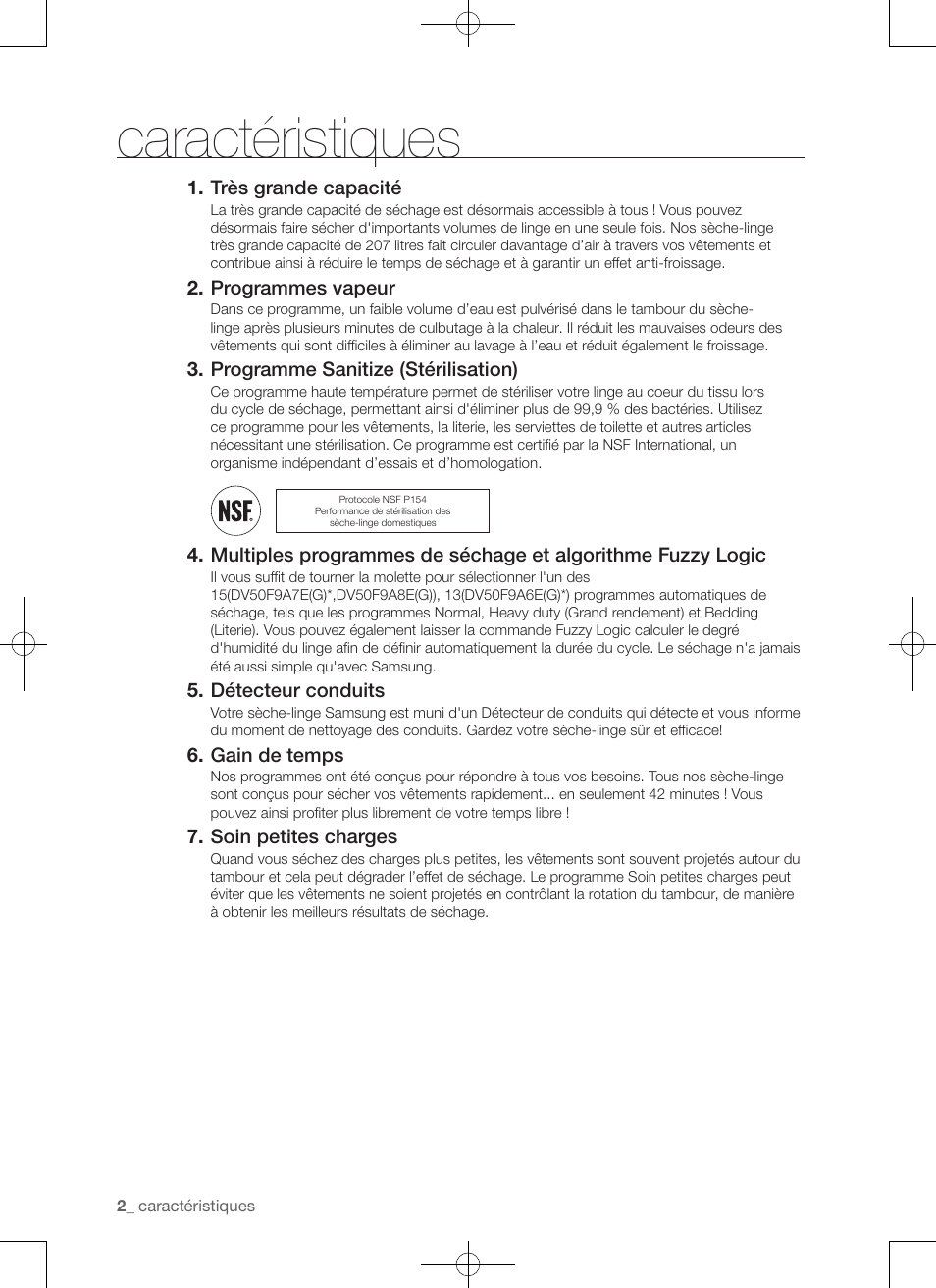 Caractéristiques, Très grande capacité, Programmes vapeur | Programme sanitize (stérilisation), Détecteur conduits, Gain de temps, Soin petites charges | Samsung DV50F9A7GVP-A2 User Manual | Page 46 / 132