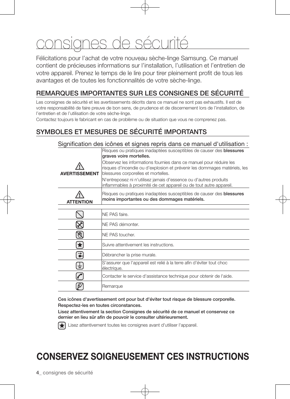 Consignes de sécurité, Conservez soigneusement ces instructions, Symboles et mesures de sécurité importants | Samsung DV50F9A7GVP-A2 User Manual | Page 48 / 132