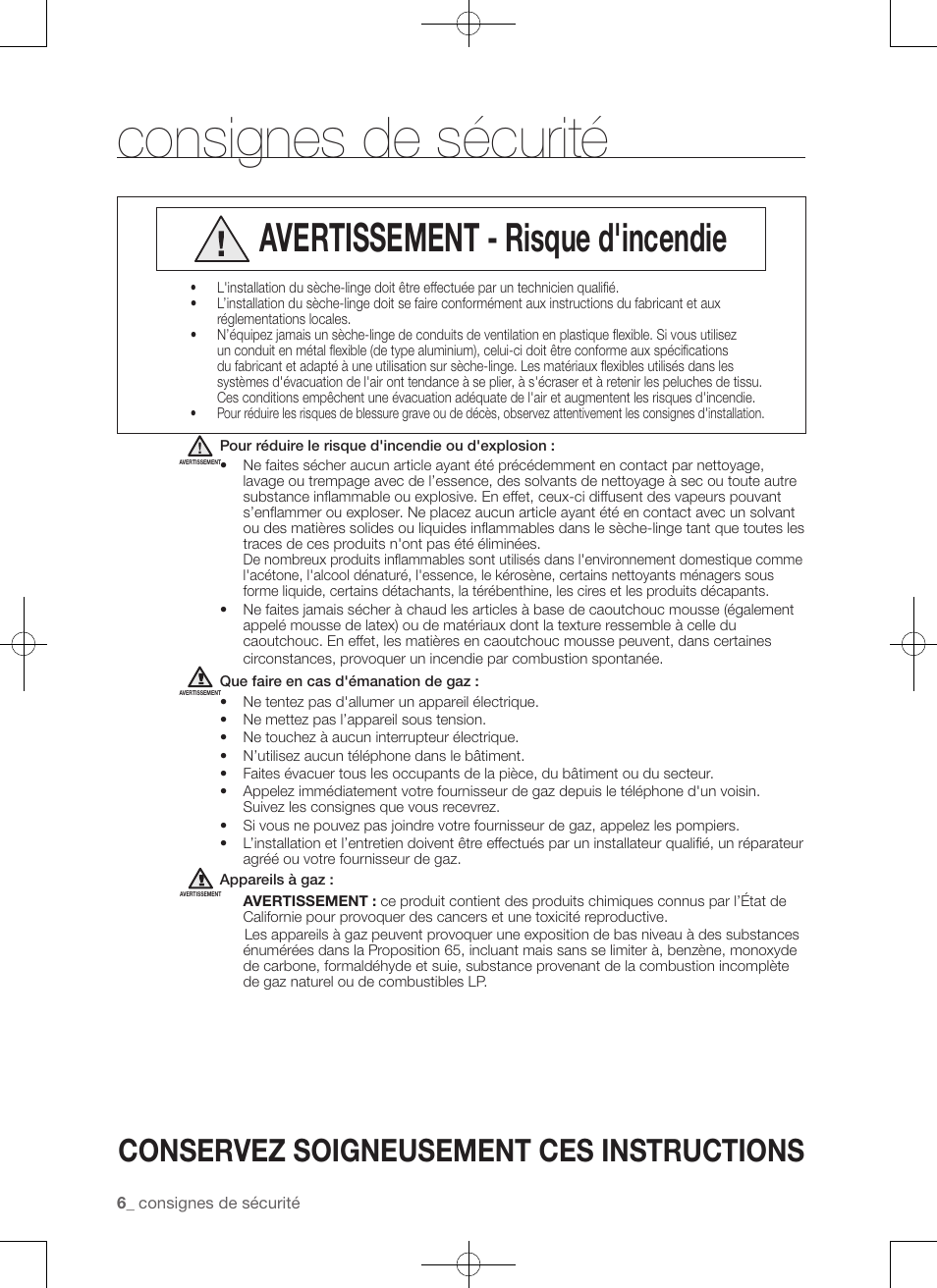 Consignes de sécurité, Avertissement - risque d'incendie, Conservez soigneusement ces instructions | Samsung DV50F9A7GVP-A2 User Manual | Page 50 / 132