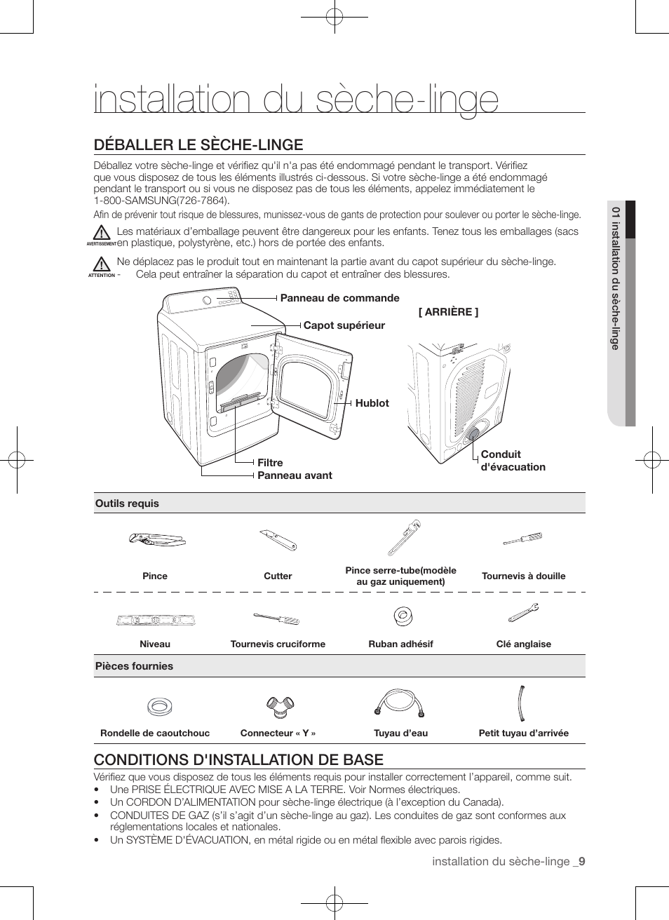 Installation du sèche-linge, Déballer le sèche-linge, Conditions d'installation de base | Samsung DV50F9A7GVP-A2 User Manual | Page 53 / 132