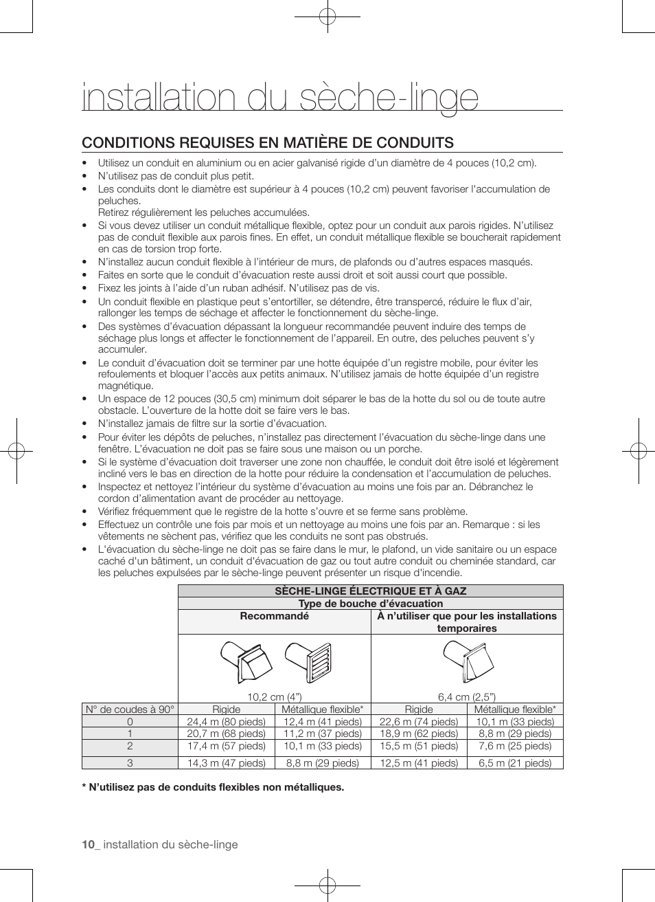 Installation du sèche-linge, Conditions requises en matière de conduits | Samsung DV50F9A7GVP-A2 User Manual | Page 54 / 132