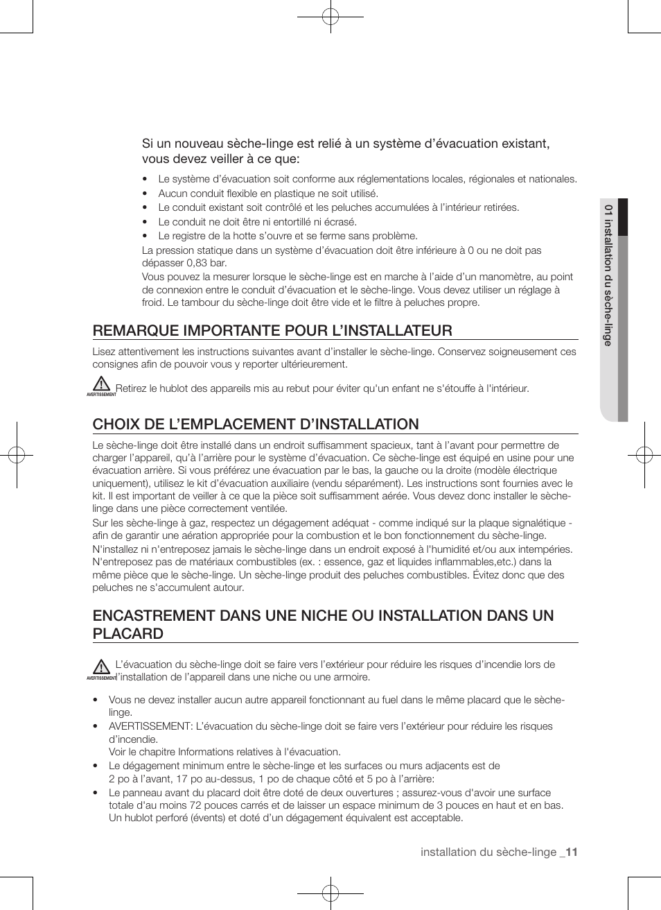 Remarque importante pour l’installateur, Choix de l’emplacement d’installation | Samsung DV50F9A7GVP-A2 User Manual | Page 55 / 132